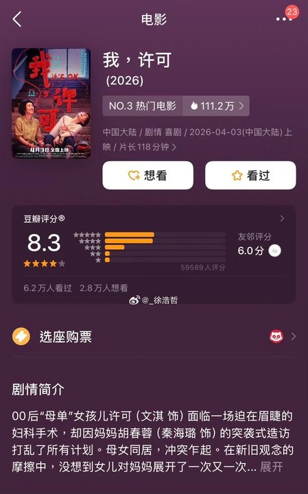我许可豆瓣开分8.3我许可豆瓣8.3清明档电影《我，许可》豆瓣开分8.3！！！！