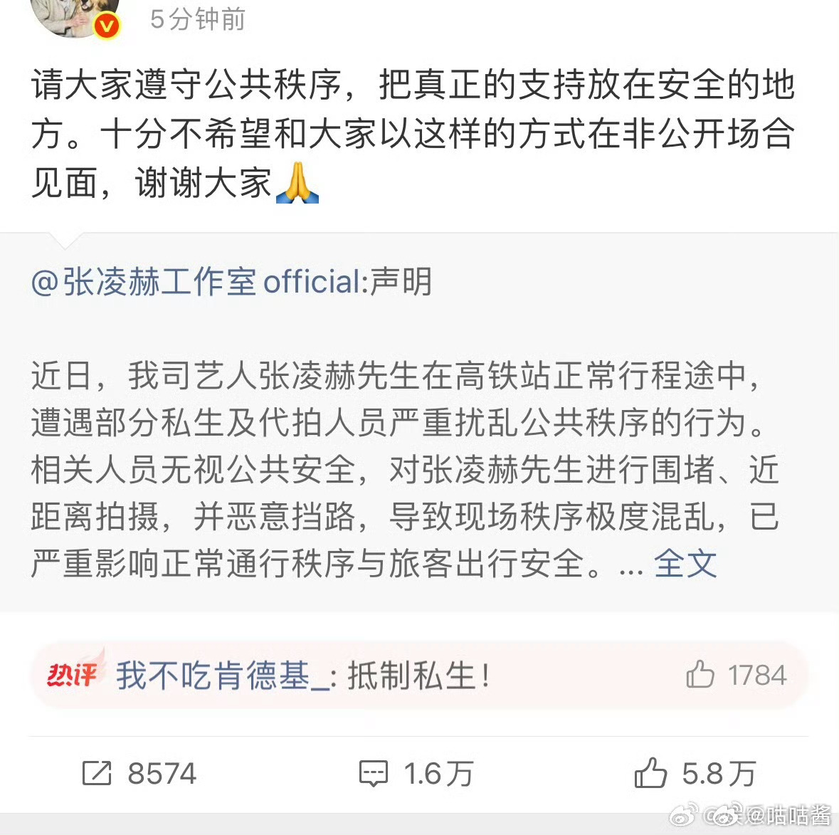 张凌赫工作室严正声明抵制私生和代拍张凌赫高铁站被恶意挡路 张凌赫工作室严正声明抵