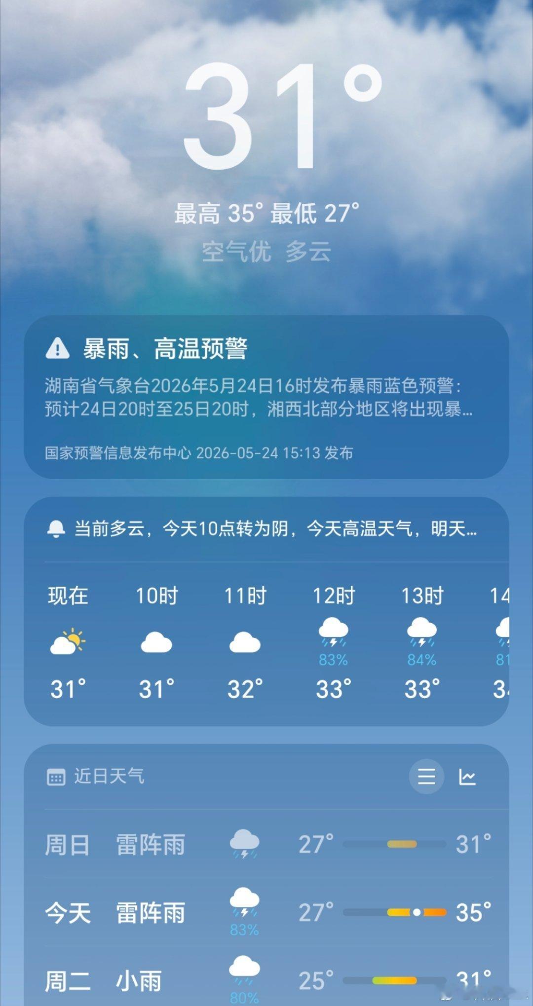 长沙今天又有雷阵雨了，而且这天气温度也很高，同事说这是要下开水吧