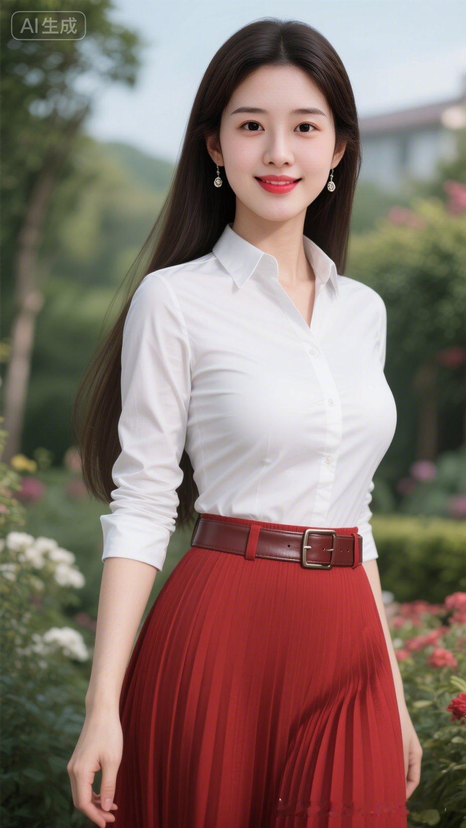 穿白衬衫红裙子的美女在花园里。