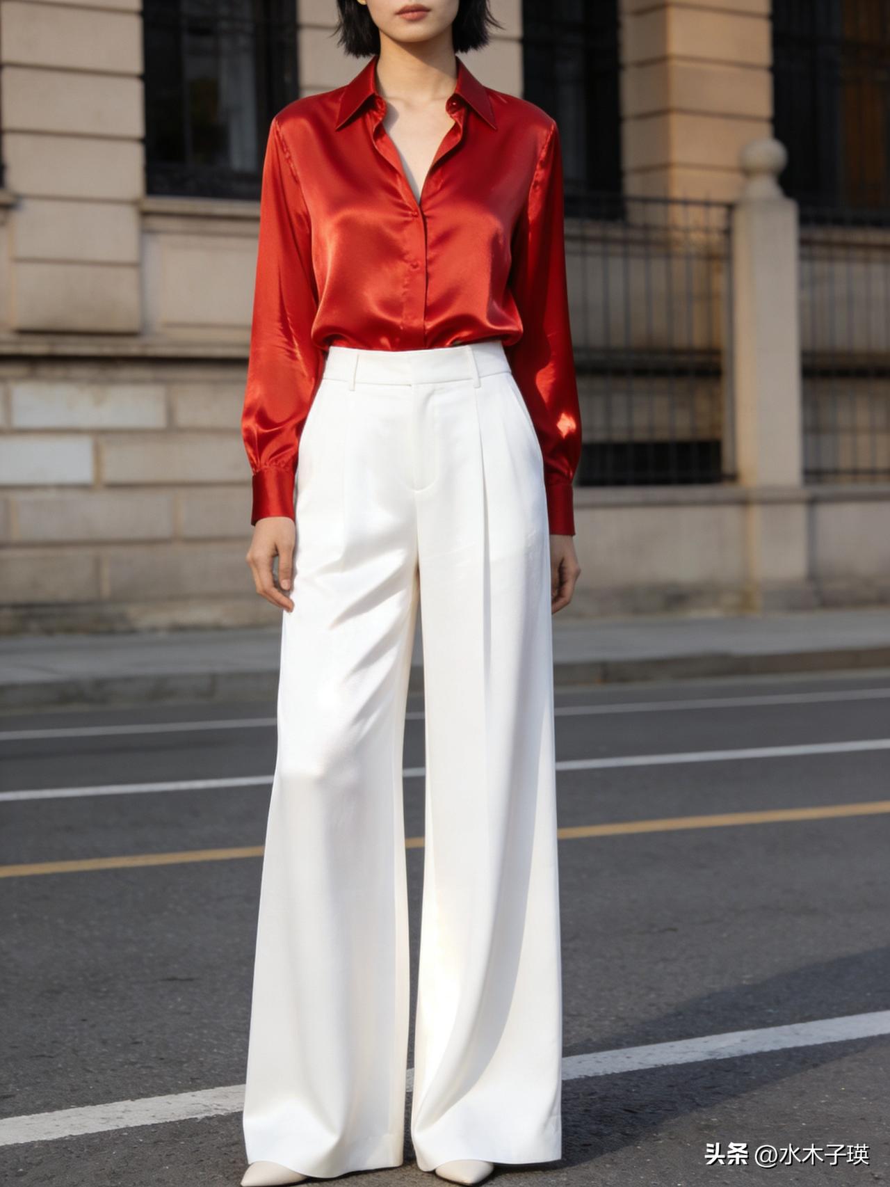红色真丝衬衣搭白色直筒裤，阔腿裤最好看。