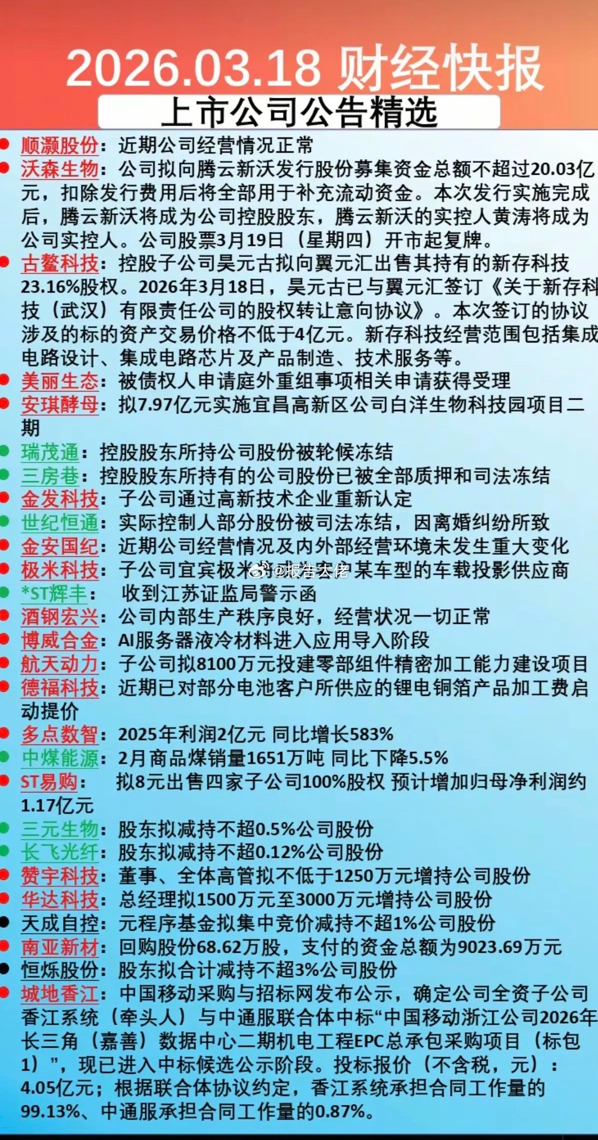 周四  上市公司公告精选汇总！27家公司发布公告涉及：增资扩股、年报业绩、涨价、