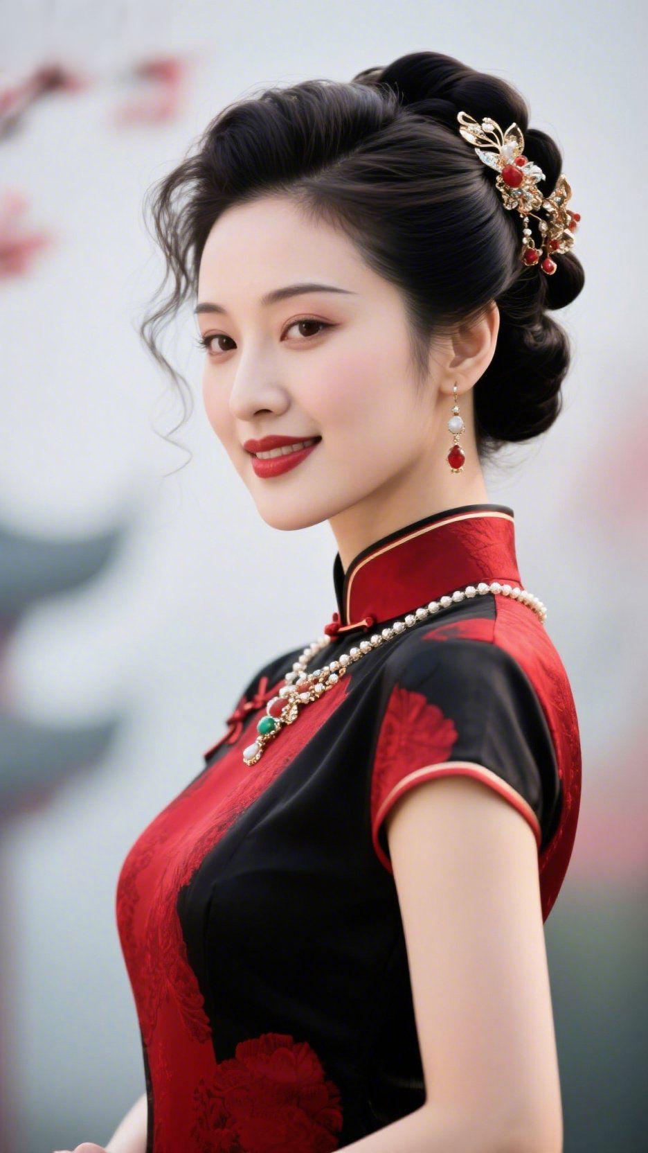 《绛衫携雅立春中》
 
鬓边金簪缀着绯色柔光，她侧身立于烟柳朦胧间，似将旧时光的