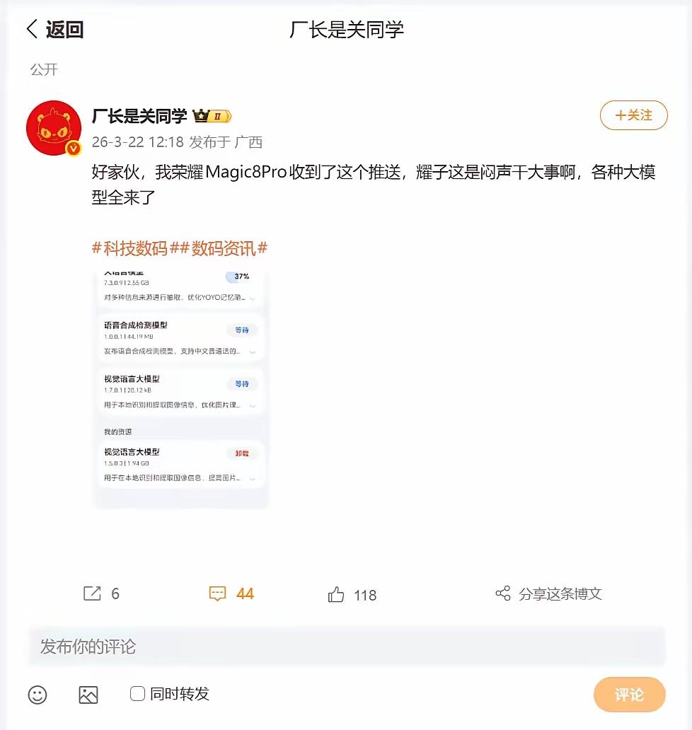 羡慕荣耀Magic8 Pro的用户们！灰度推送新资源包了：大语言模型、语音合成检