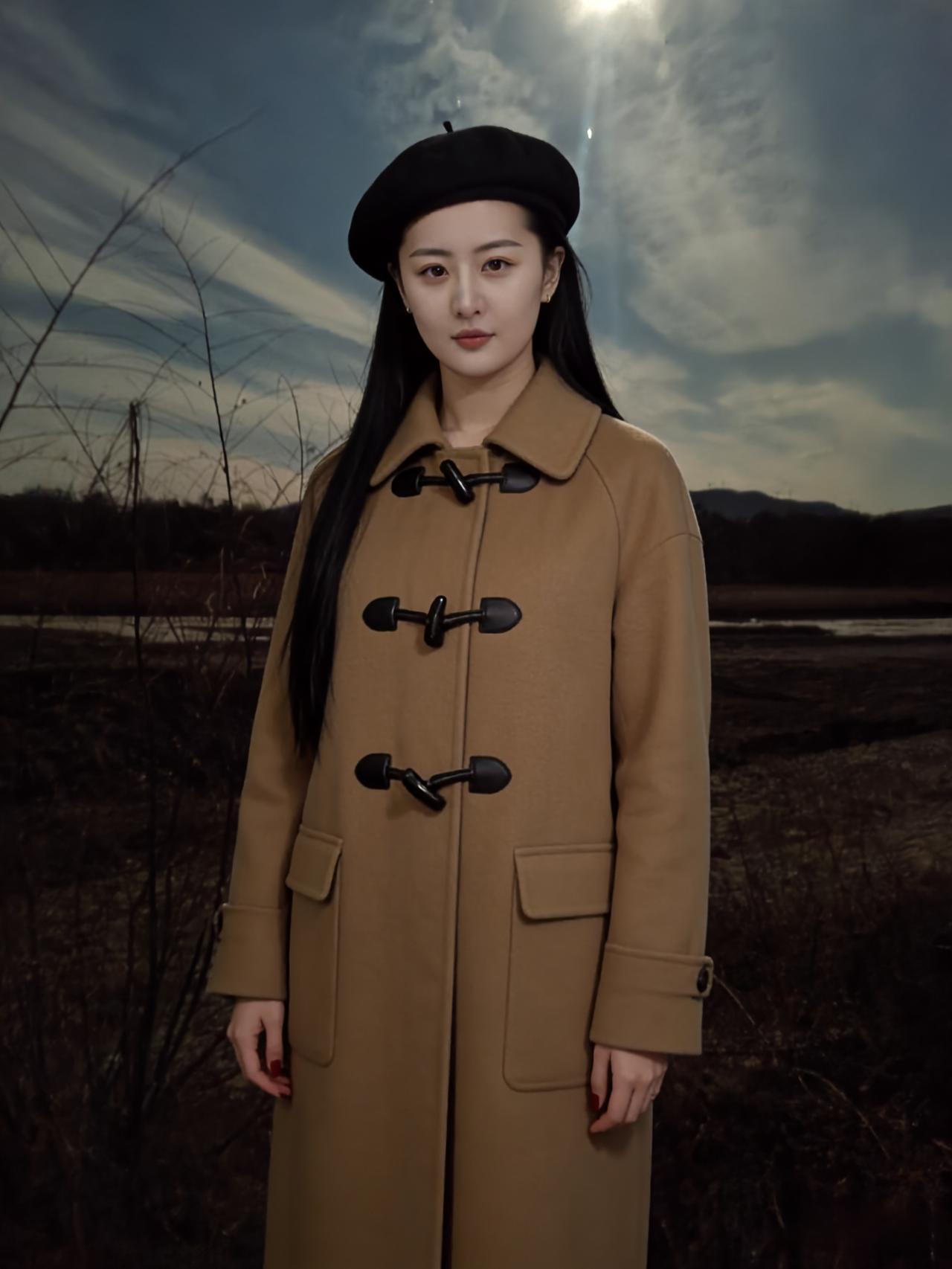 旷野凝寒色，孤身影自端。
呢衣承暮霭，贝帽绾霜翰。
发曳千丝黑，唇凝一点丹。
遥