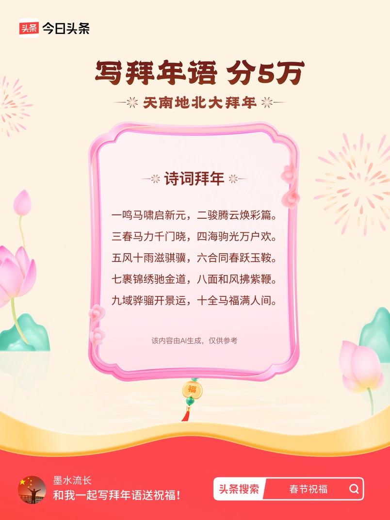 写拜年语送祝福新春拜年送祝福！我的祝福是：“一鸣马啸启新元，二骏腾云焕彩篇。三春