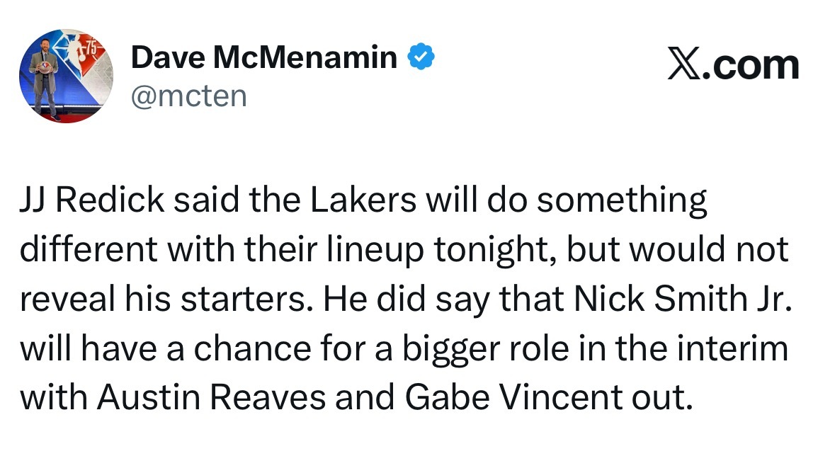 雷迪克表示，今天阵容安排有所不同。未透露具体内容。不过尼克-史密斯近期会扮演重要