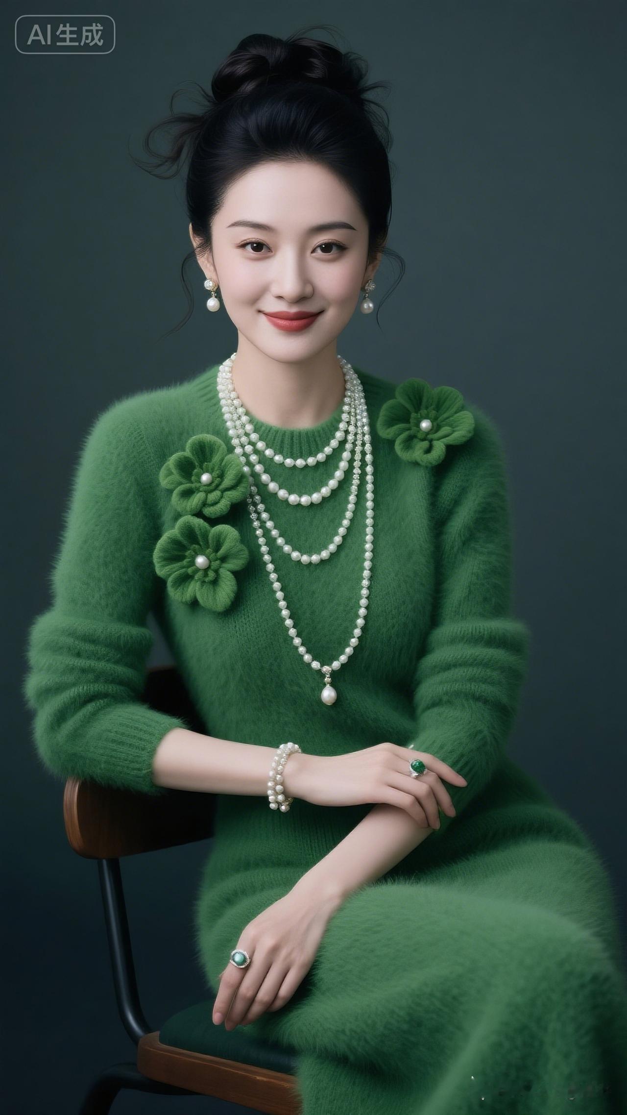 优雅绿衣搭配珍珠饰品，尽显高贵气质！💎✨