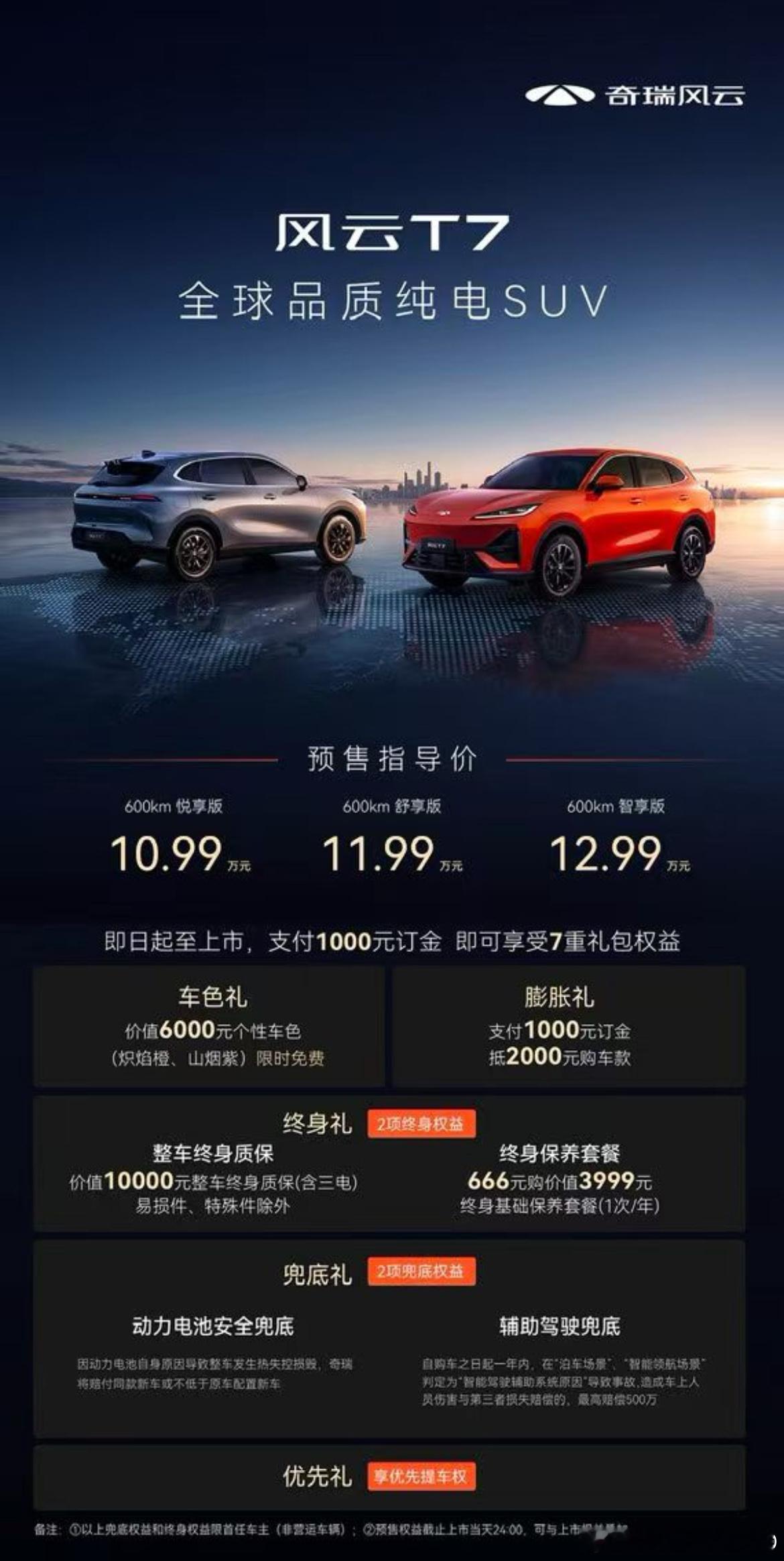 奇瑞风云T7折预售价格有意思，全系600续航，预售10.99万起，顶配预售才12