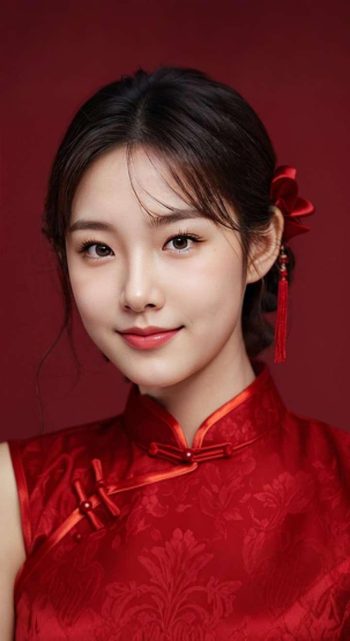 AI扩图 AI红裙浅笑