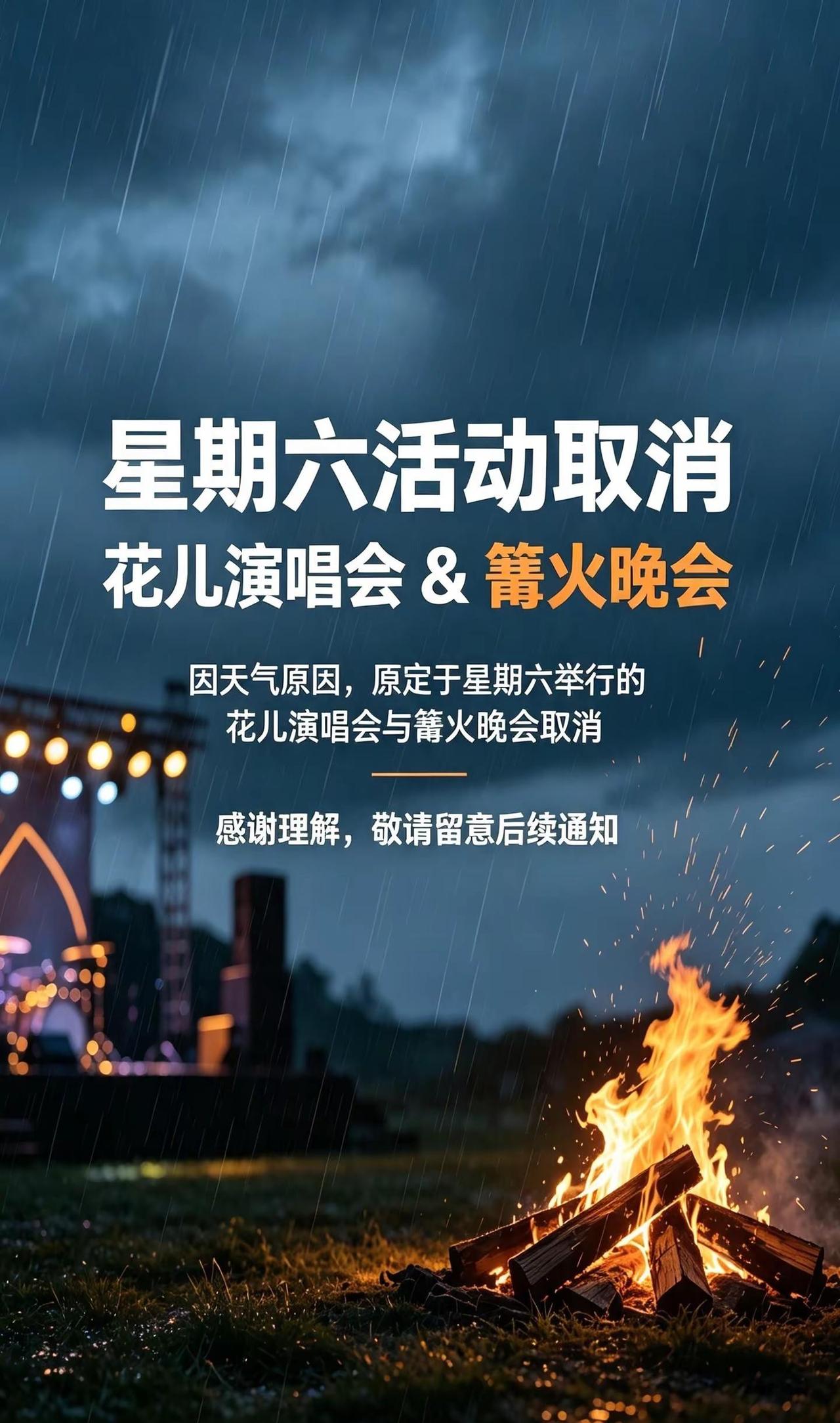 各位游客朋友请注意！原定于星期六的花儿演唱会以及篝火晚会，因天气原因予以取消。为