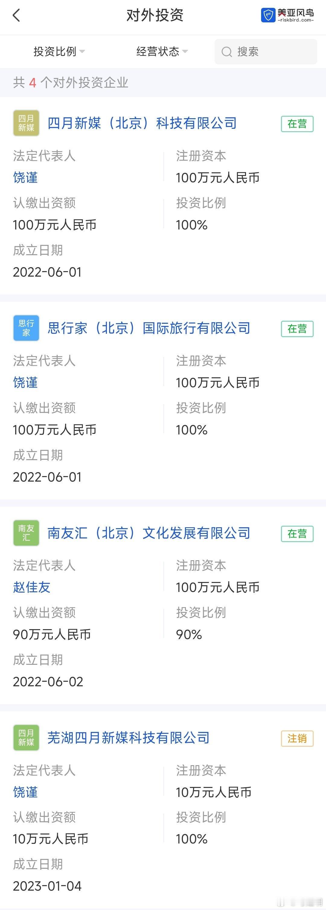 作为饶谨绝对控股的主体，四月华文搞的四家“对外投资”，主打一个肥水半点不流外人田