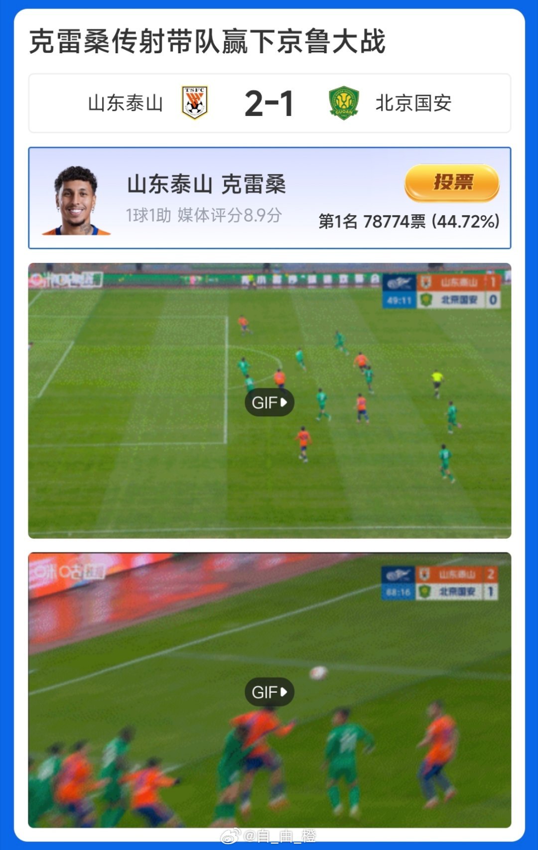 克雷桑入围直播吧中超第二轮MVP评选自由橙山东泰山