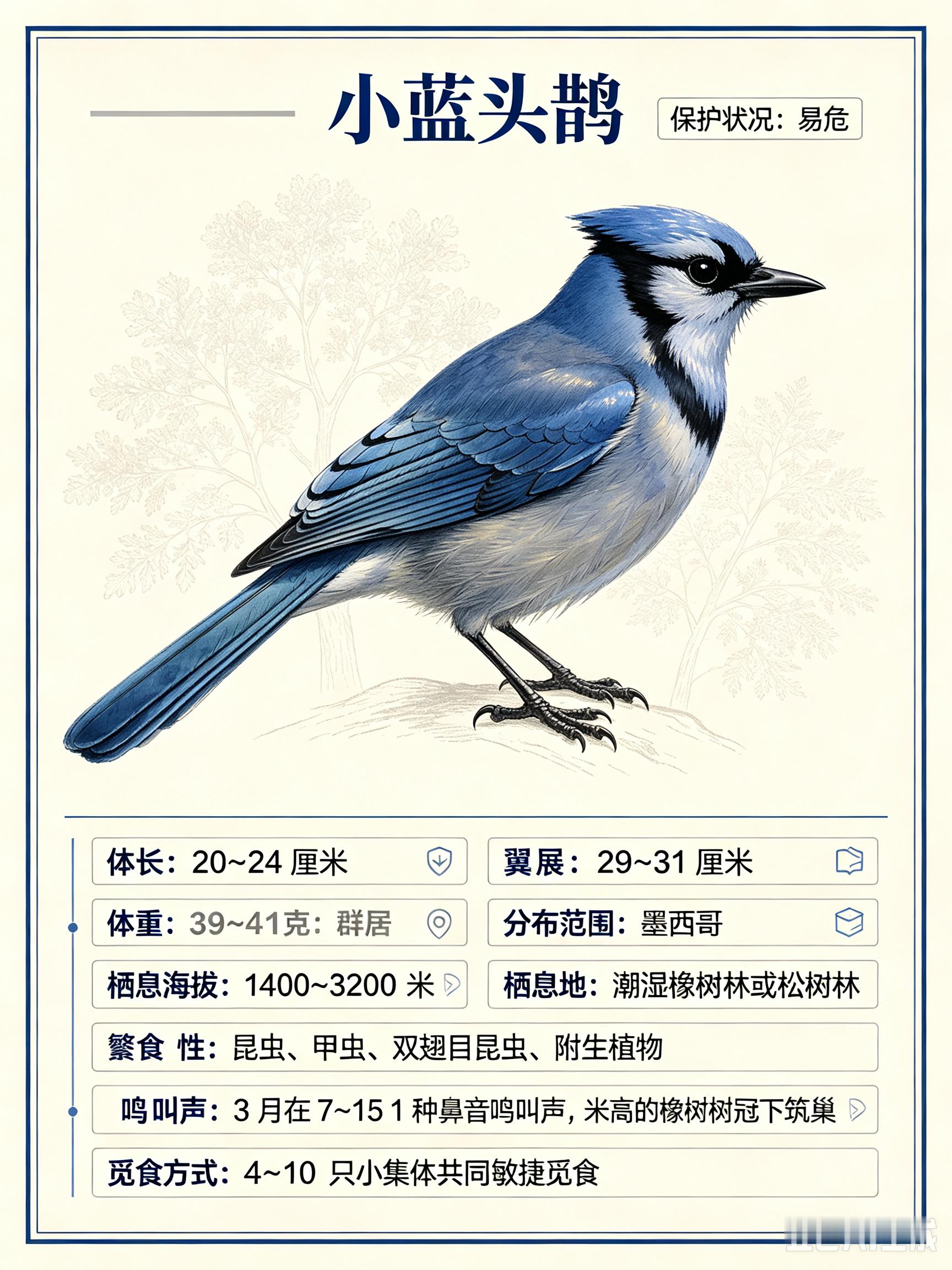 鸟类朋友图鉴 小蓝头鹊体长：20~24 厘米翼展：29~31 厘米体重：39~4