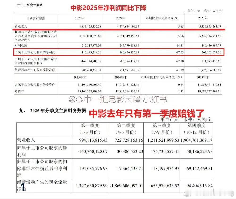 中影财报显示2025年就第一季度赔钱了而第一季度主投只上映了xz主演的射雕…口碑