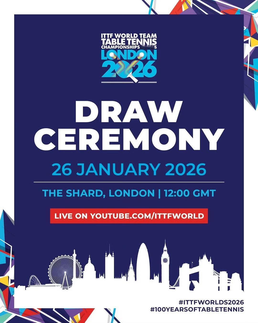 2026伦敦世界乒乓球团体锦标赛抽签仪式将于北京时间1月26日20:00举行