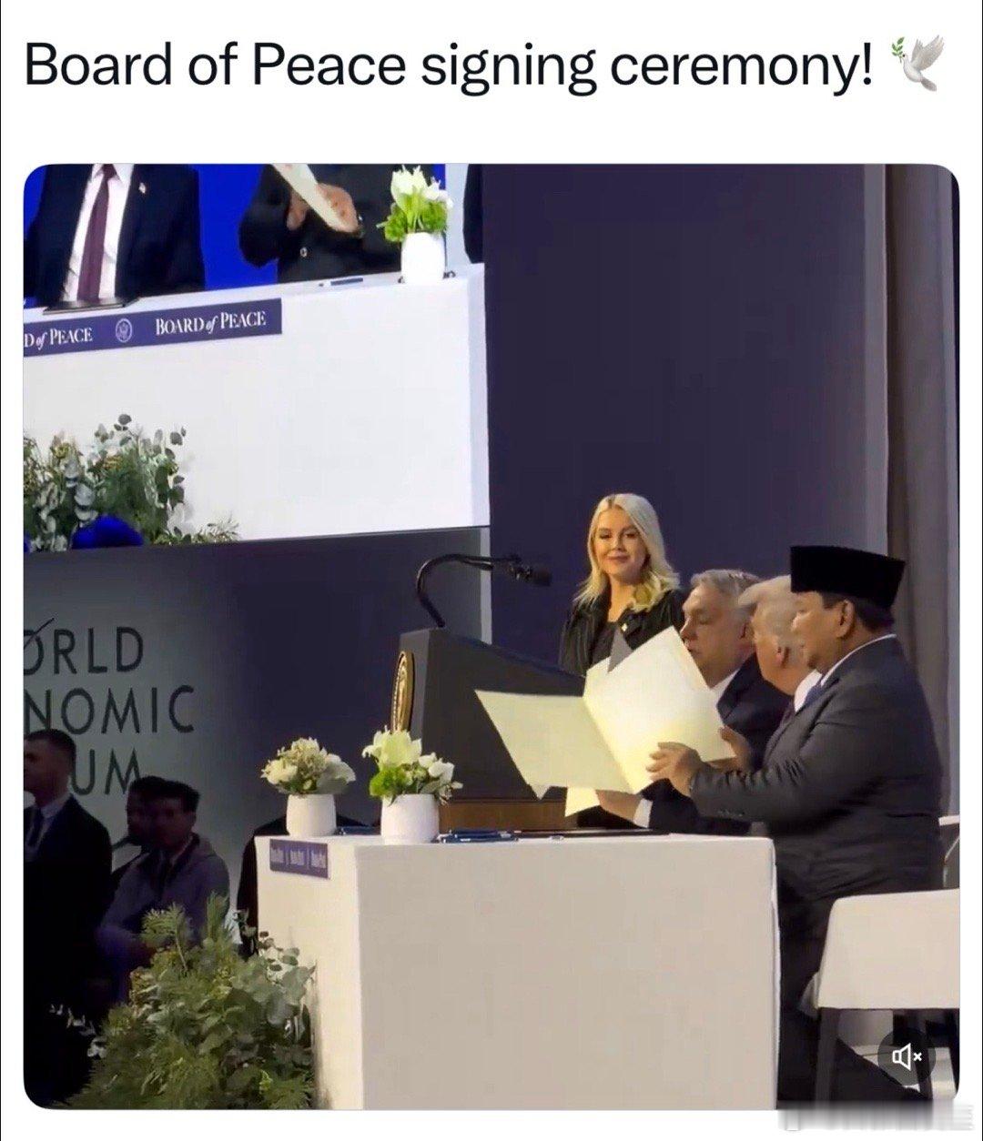 美国总统在达沃斯主持“和平委成立”签字仪式，参加的政府首脑有：匈牙利总理、印尼总