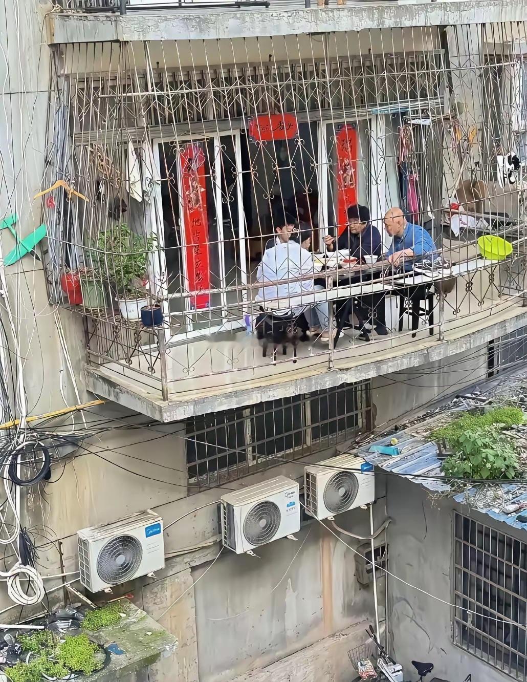 真是佩服这一家，水泥板都压弯了，还能淡然的吃饭 ​​​