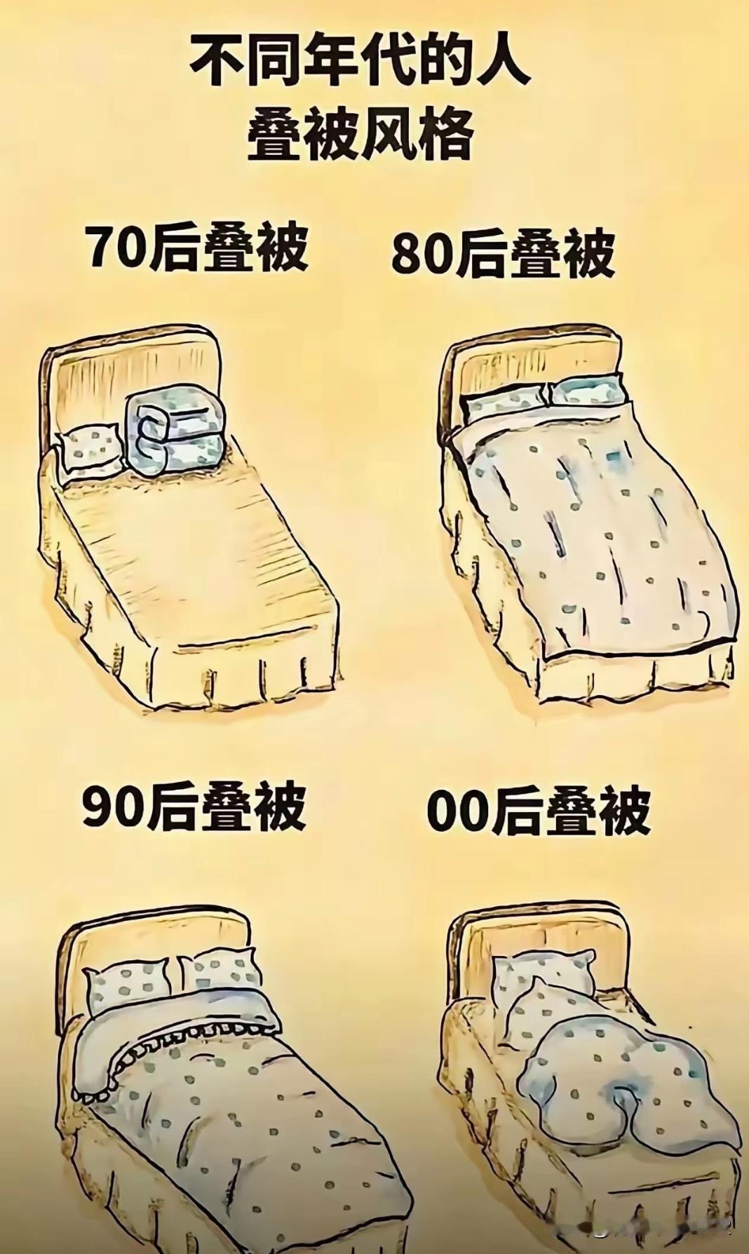 00后的进来解释一下！
听80后的表示叠被子就是这样的，
70后，90后和00后