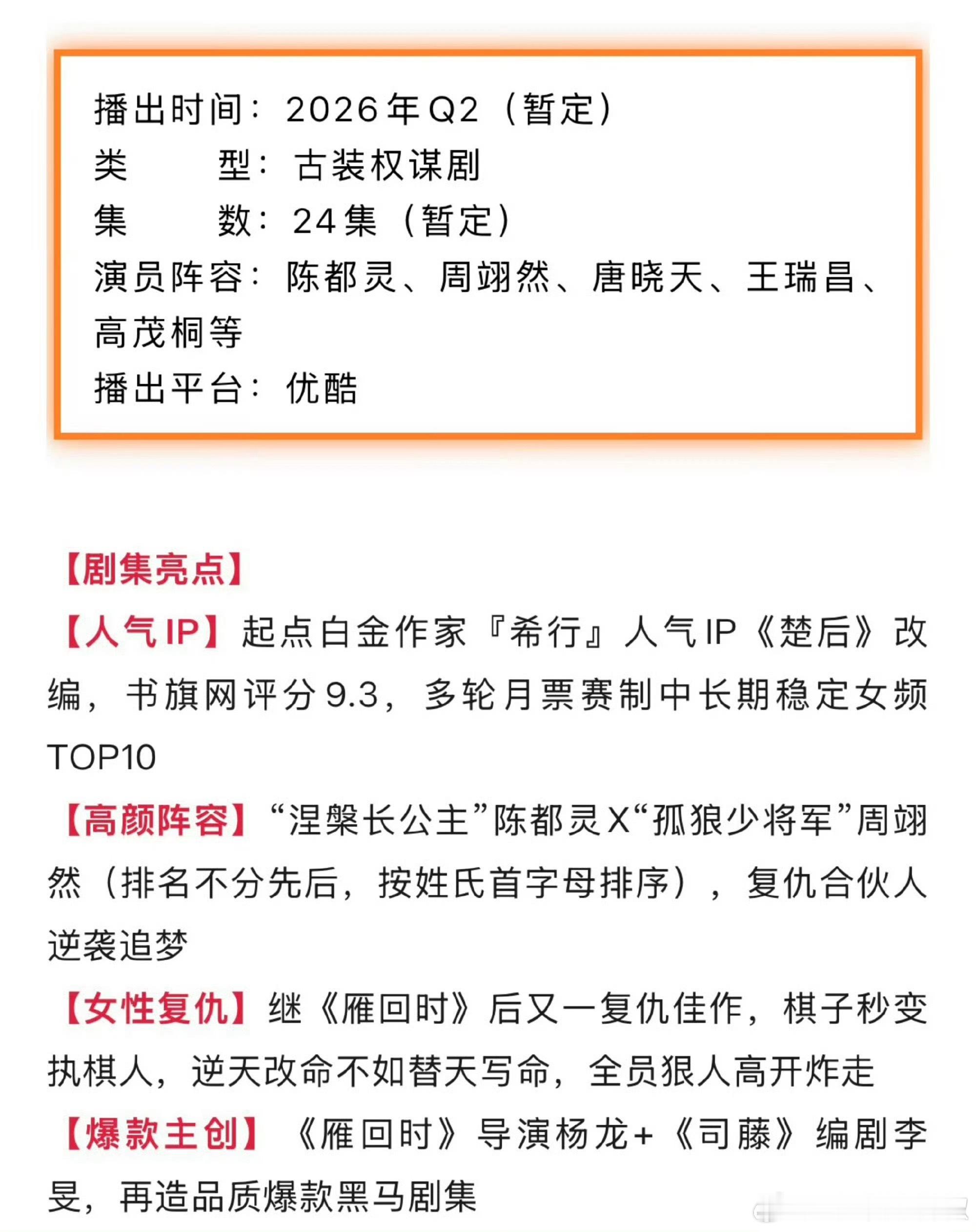 陈都灵、周翊然《翘楚》👖播前招商，离定档不远了 