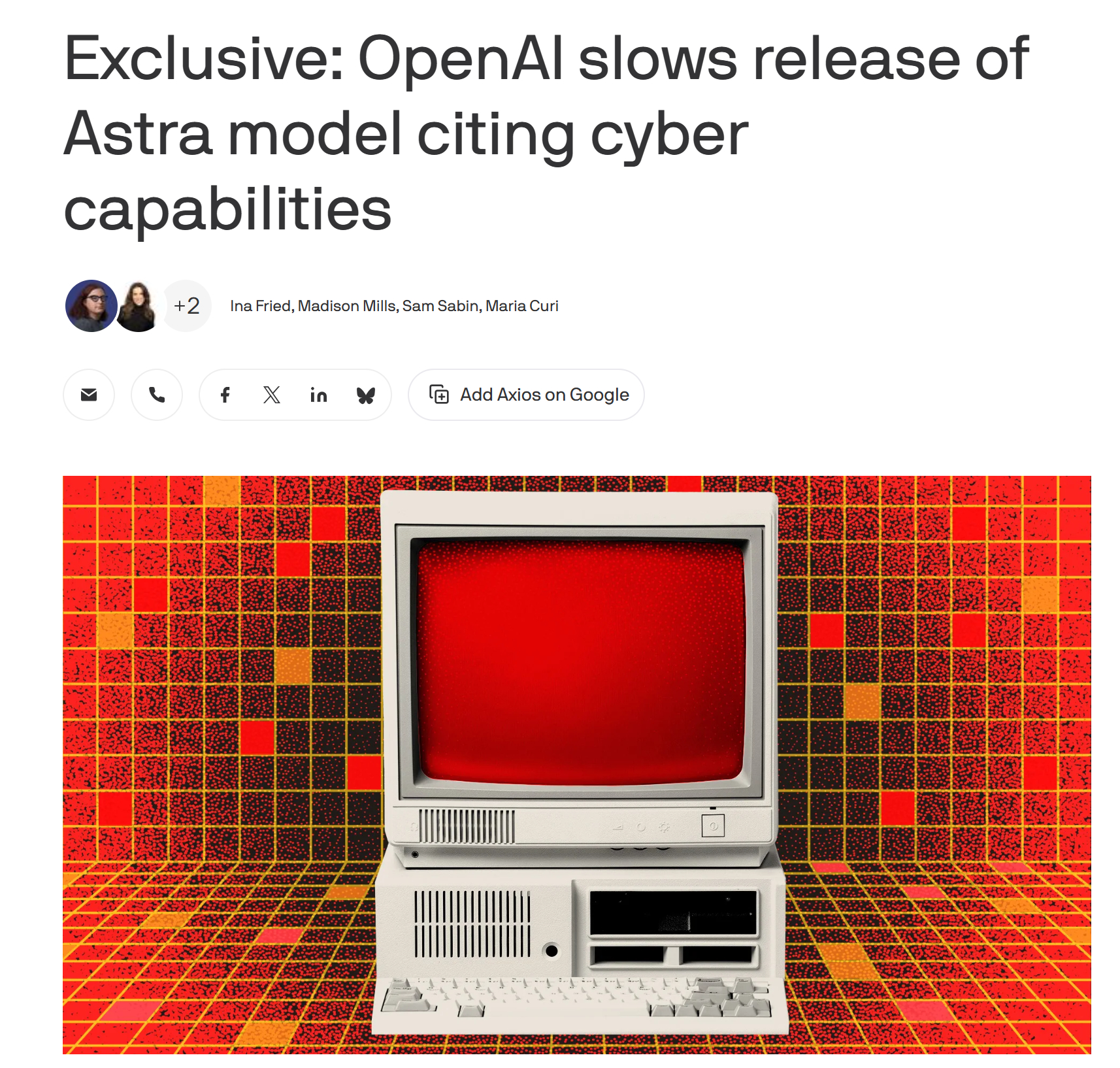 Axios 独家消息，OpenAI 的新模型 Astra 将暂缓研发进度，极有可
