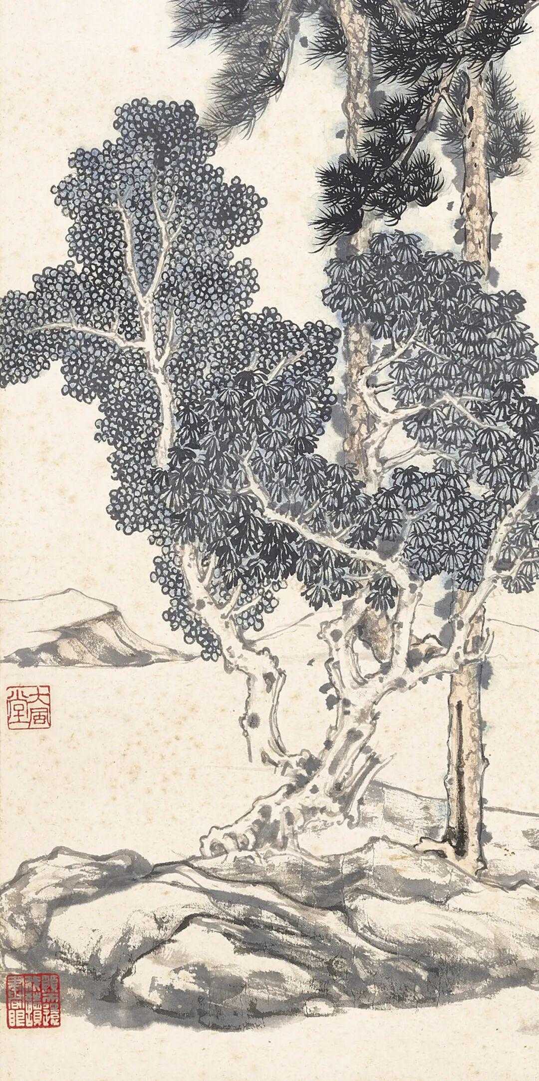 张大千《乔木芳晖》，设色纸本　镜框　一九六六年作91.5 x 48 cm. (3