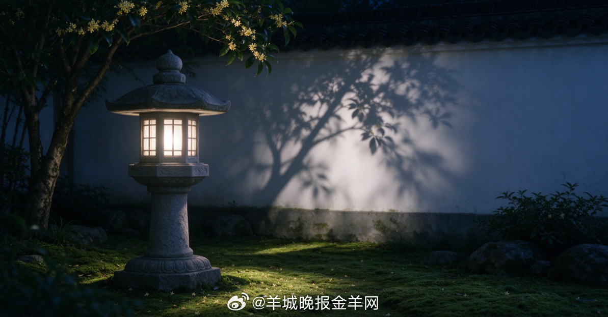 #晚安# 月光落在安静的庭院石灯上，树影轻轻洒在白墙与青苔之间，夜风带着淡淡桂香