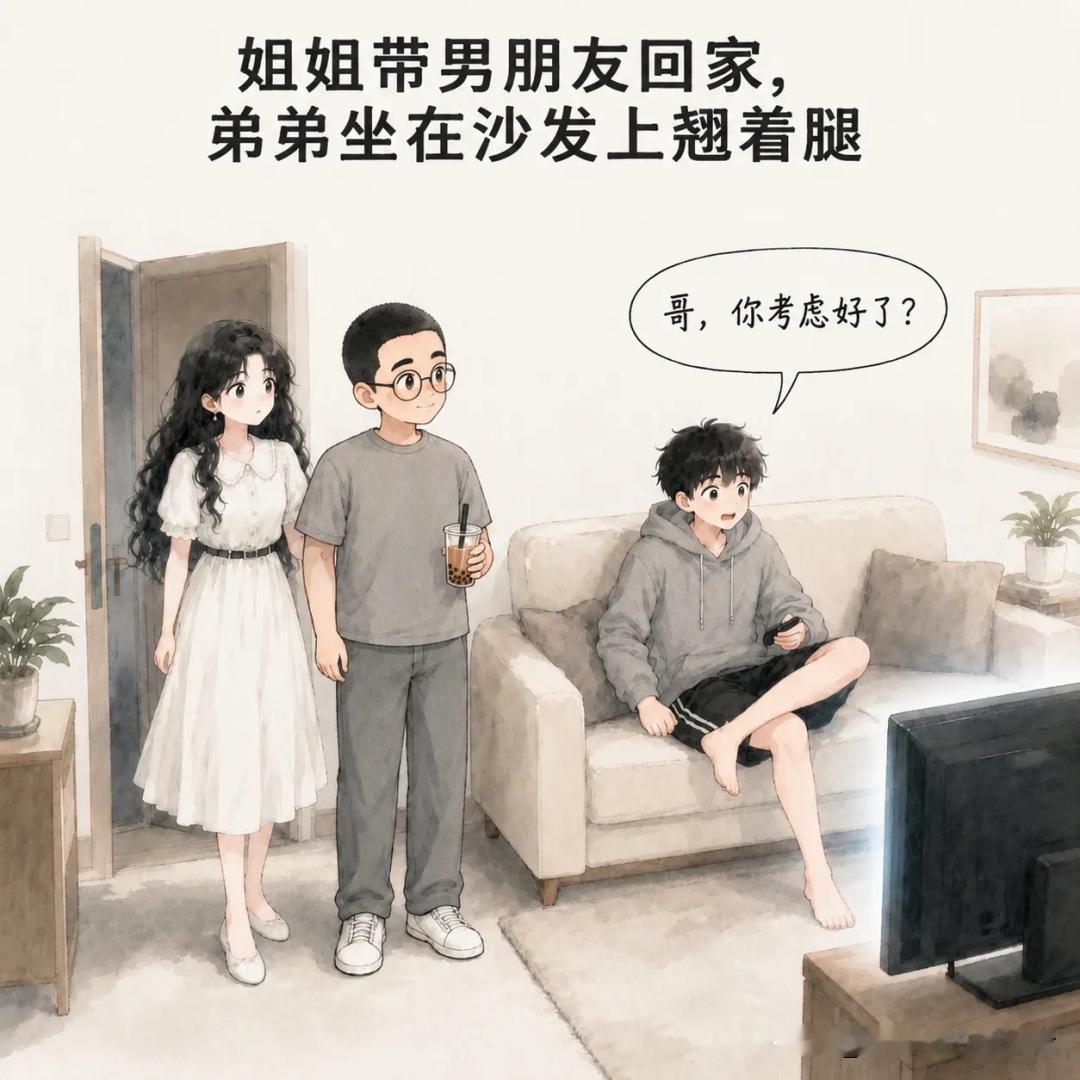 趣味漫画：姐姐带阿男朋友回家。弟弟坐沙发上翘着腿：“哥，你考虑好了？”男朋友：“