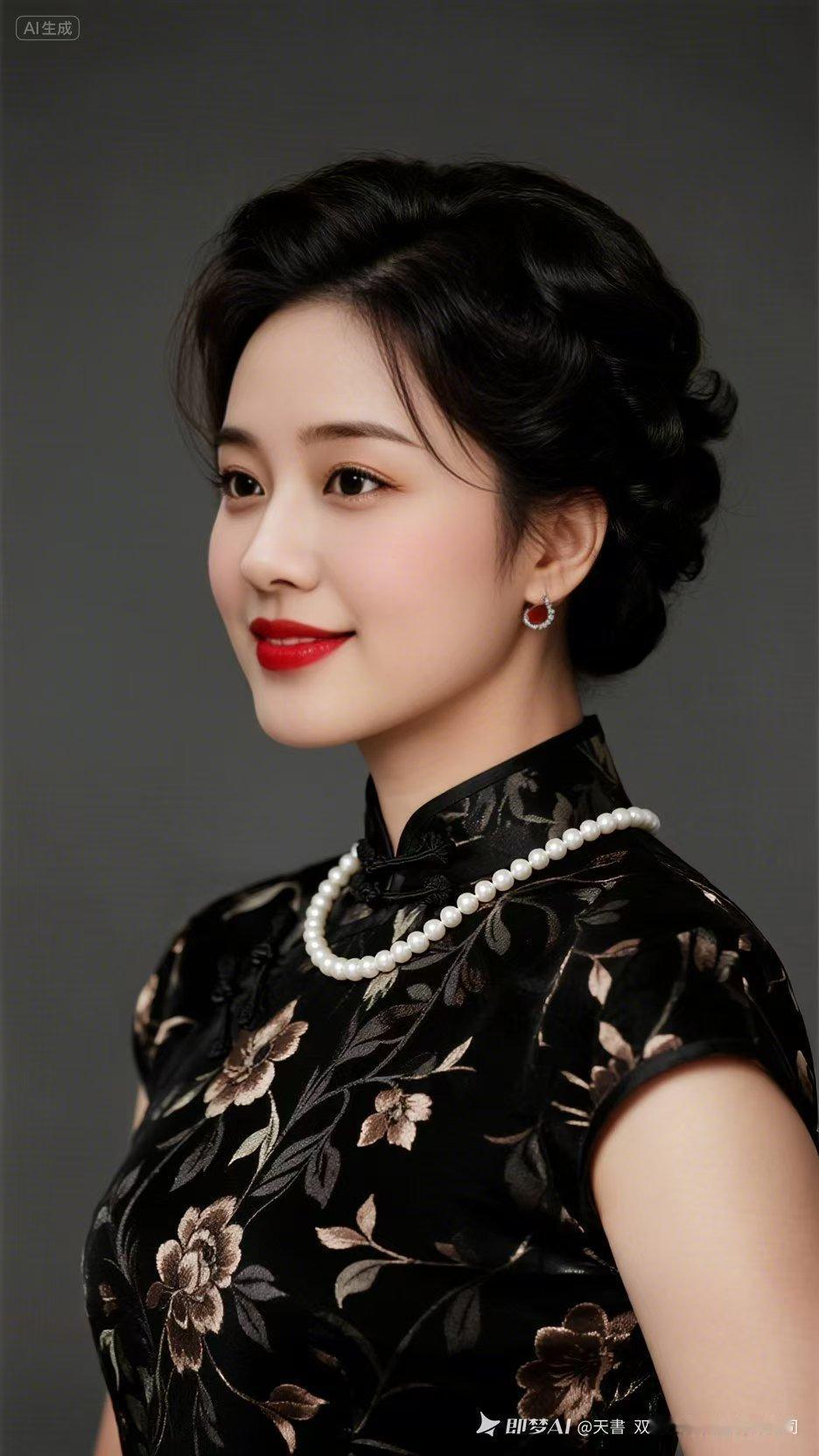 修身黑旗袍缀温润珍珠，明艳红唇衬温婉眉眼，女子浅浅一笑糅合俏皮灵动，复古旧时光氛