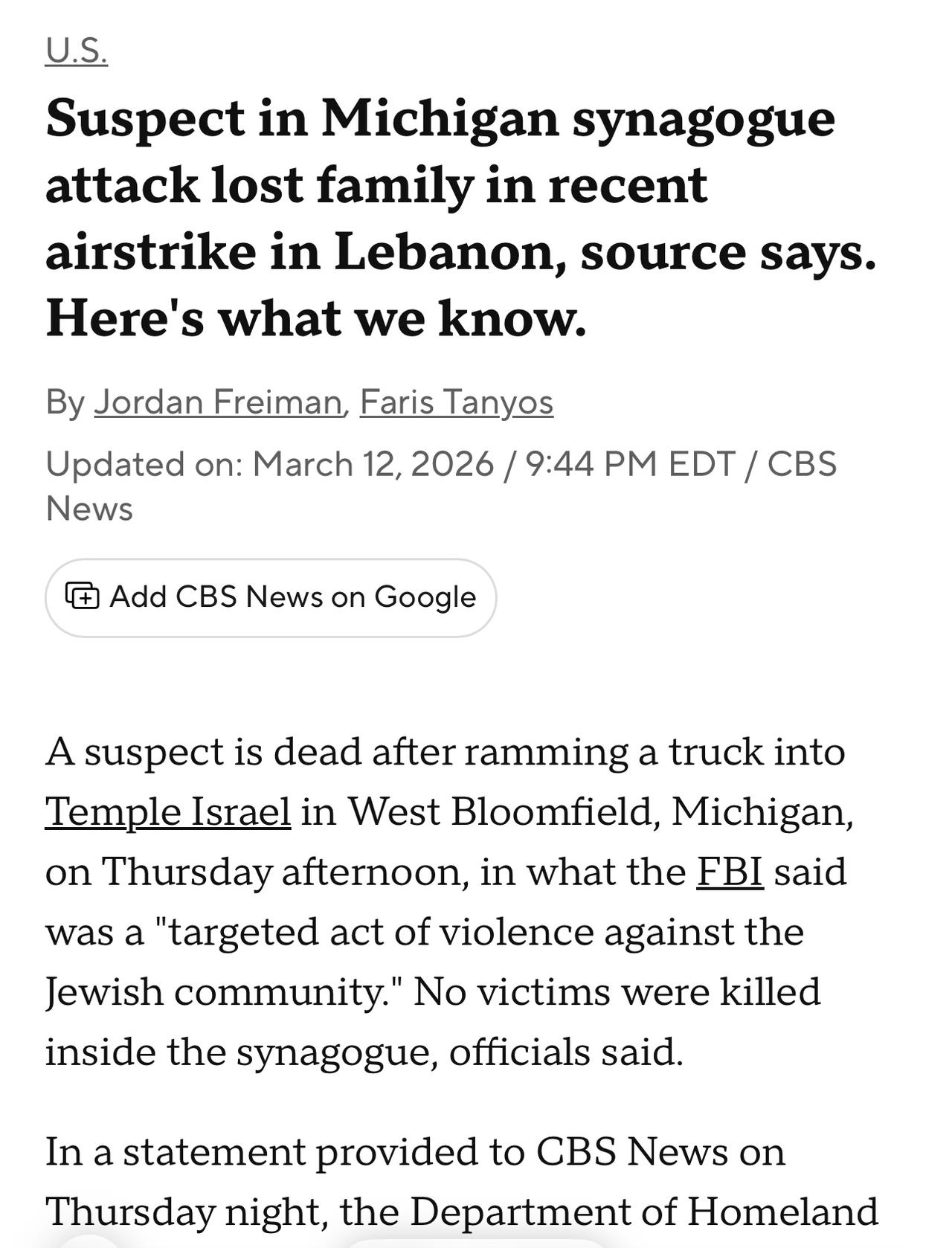 美国国土安全部已确认密歇根州犹太教堂袭击案嫌疑人（持枪开卡车冲进犹太教堂，被保安