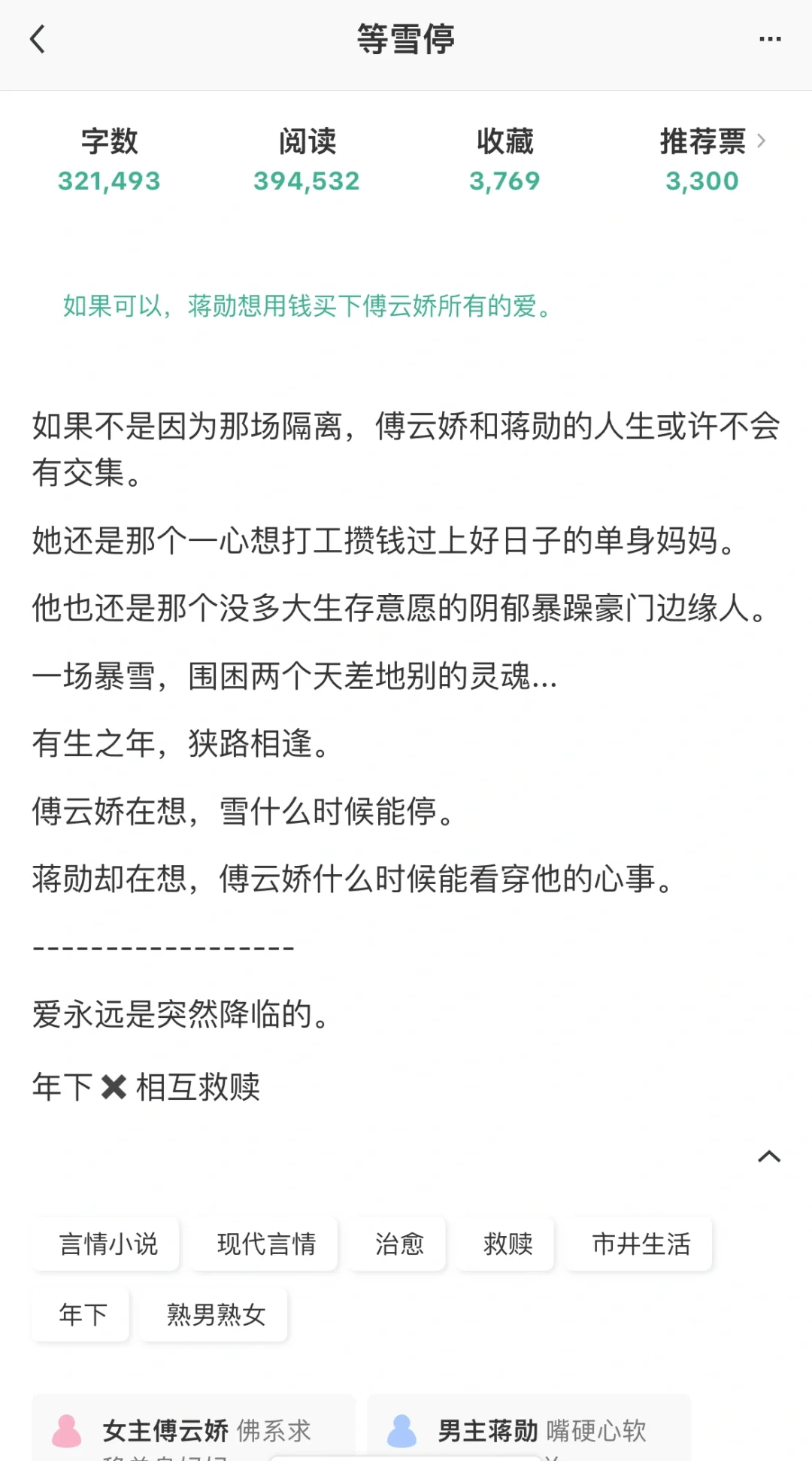 单身妈妈X残疾霸总，救赎文《等雪停》完结了