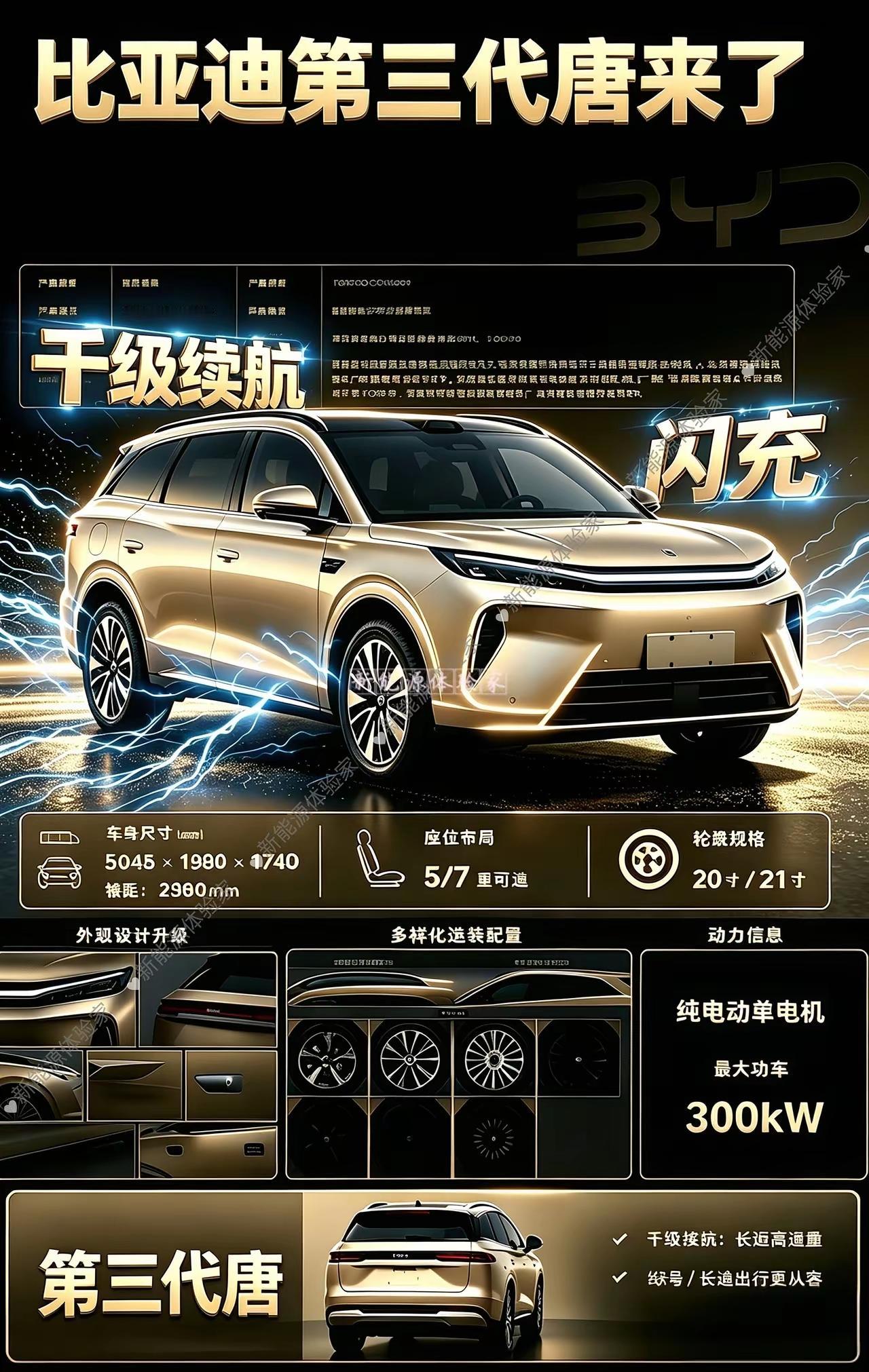 比亚迪第三代唐曝光！带闪充和天神之眼智驾！
一、核心车身参数
车身尺寸：车长‌5