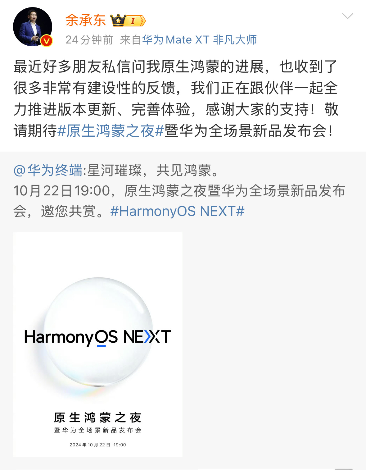 #纯血鸿蒙发布会定档#华为发布会一般不放在晚上，这次#原生鸿蒙之夜#定档10月2