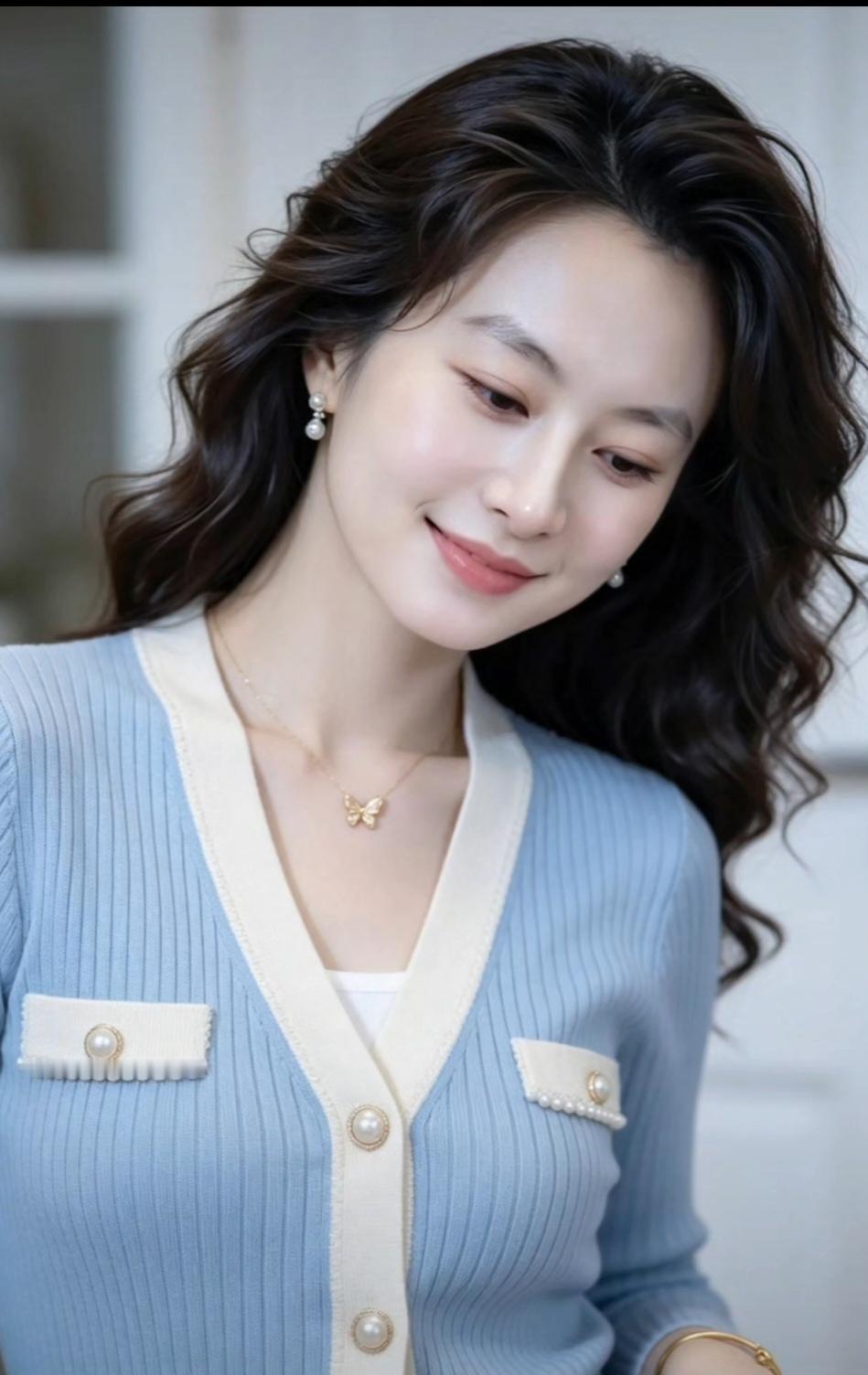这位女士穿着可爱的蓝色毛衣，微笑着。