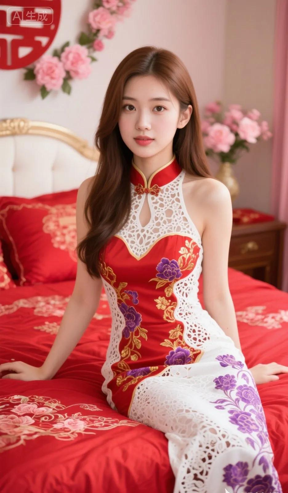 一袭红白相间的旗袍，绣着紫艳牡丹与金色纹饰，在中式婚房的红妆里熠熠生辉。镂空蕾丝