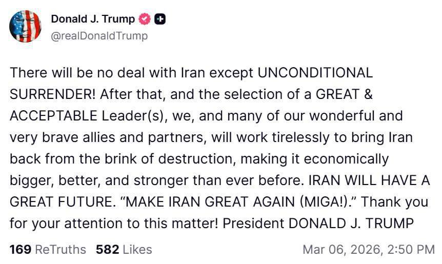 特朗普要求伊朗无条件投降特朗普表示不会与伊朗达成任何协议，只会让伊朗彻底投降。