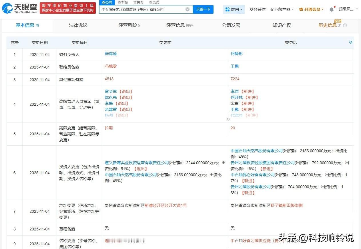 【贵州习酒入股中石油旗下公司 后者更名为中石油好客习酒供应链公司】
天眼查App
