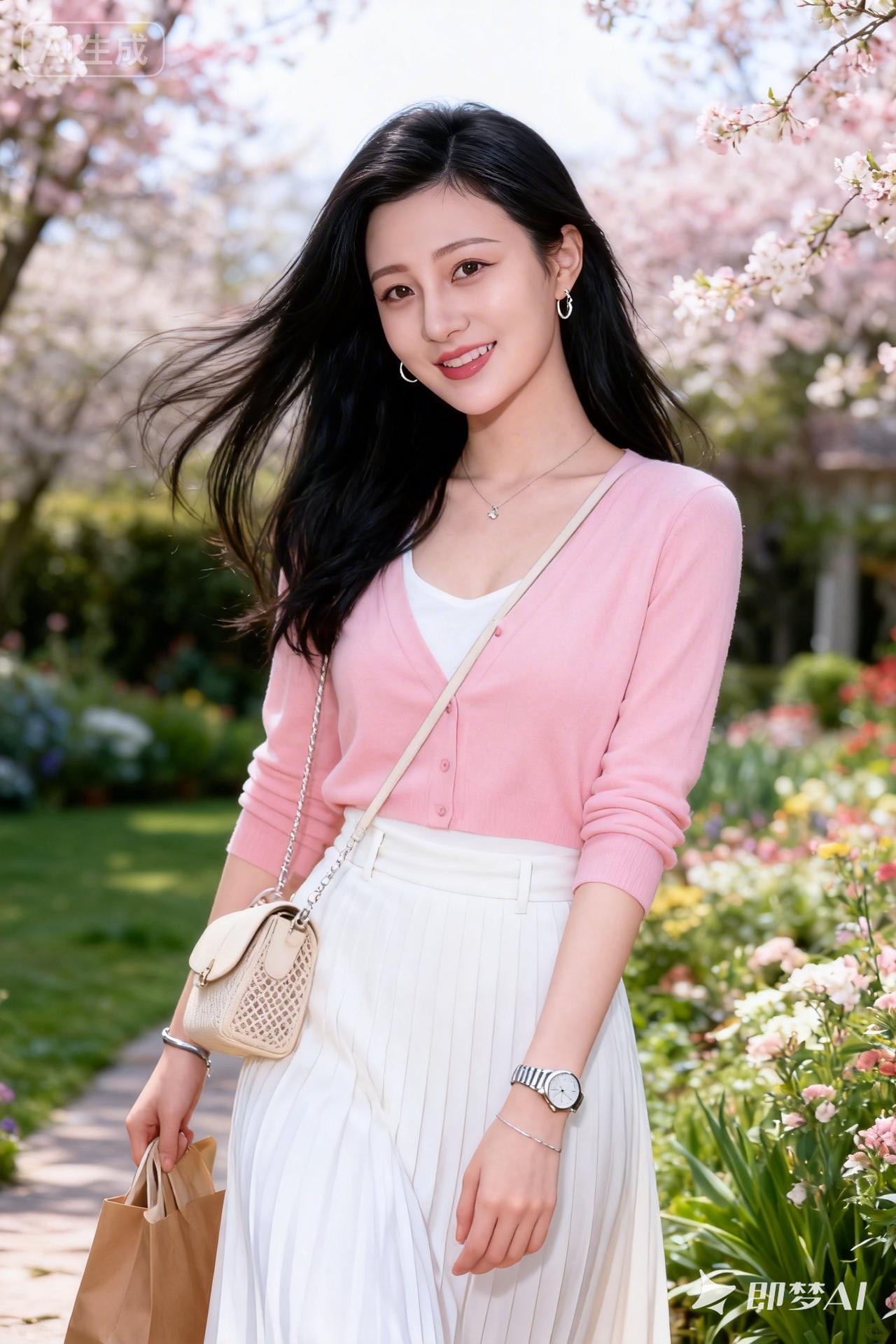 春日游园，粉色针织衫搭配白色长裙，清新自然，笑靥如花。
