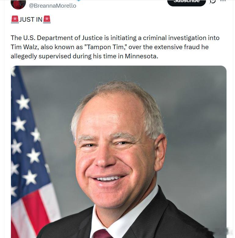 美国司法部正在对蒂姆·沃尔兹展开刑事调查，原因是他在明尼苏达州任职期间涉嫌监督的