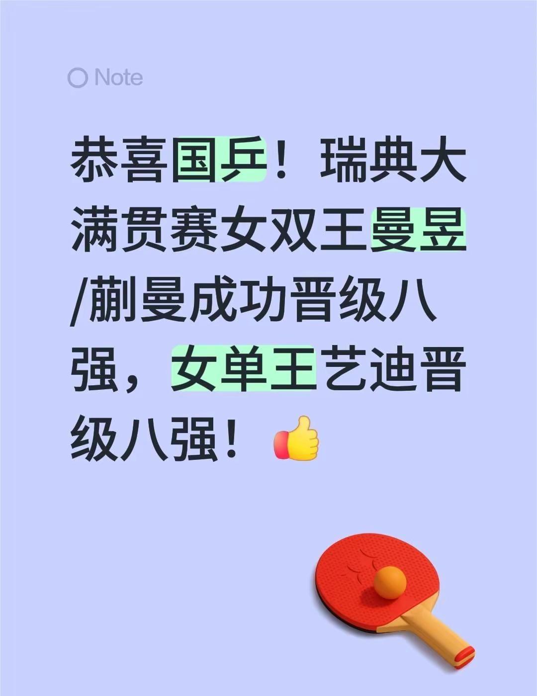 瑞典大满贯赛女双王曼昱/蒯曼成功晋级八强，女单王艺迪晋级八强！又到了反复爱上国乒