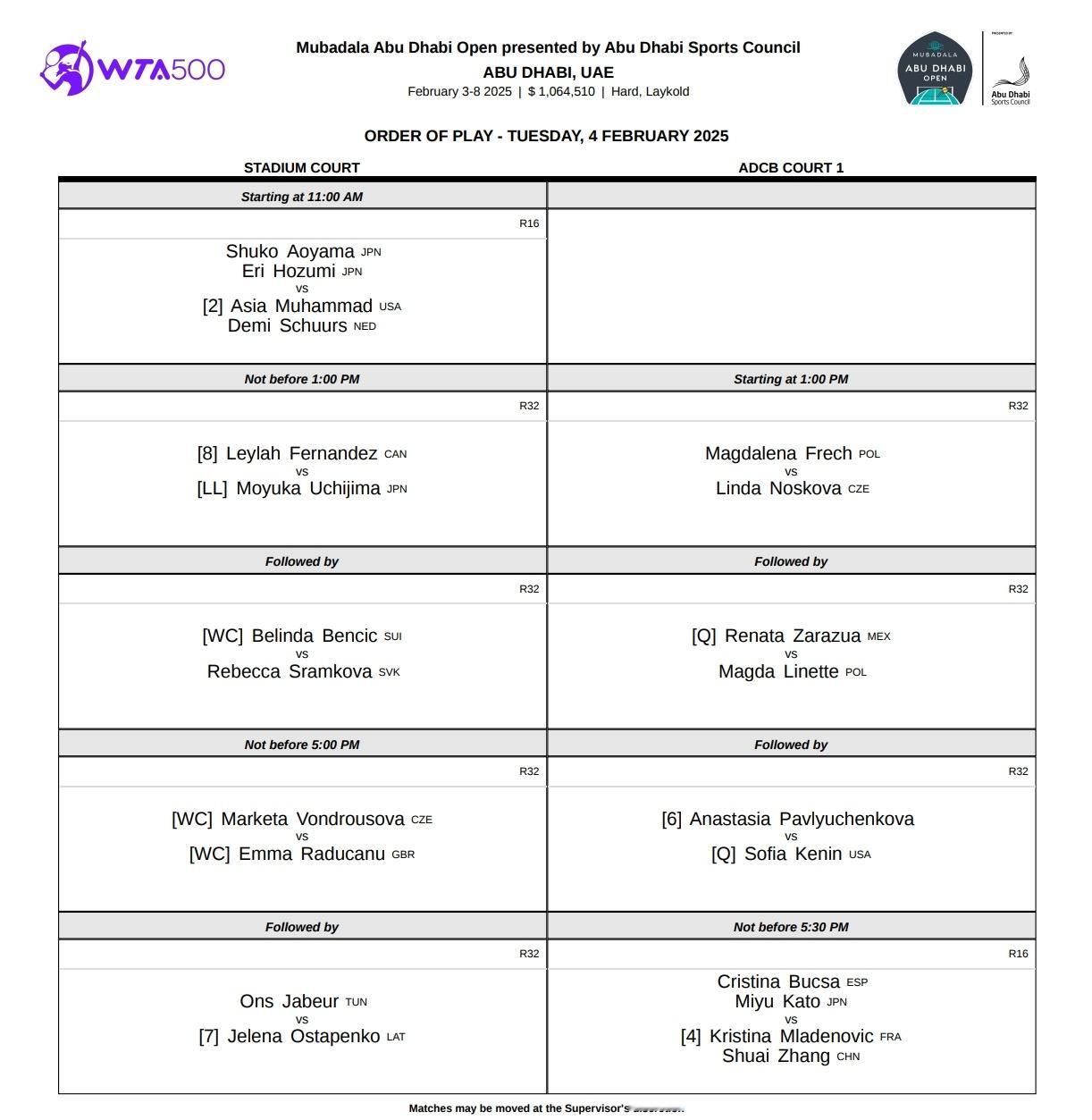 今日赛程📅📍WTA500阿布扎比站万卓索娃对决拉杜卡努，贾巴尔迎战奥斯塔彭科