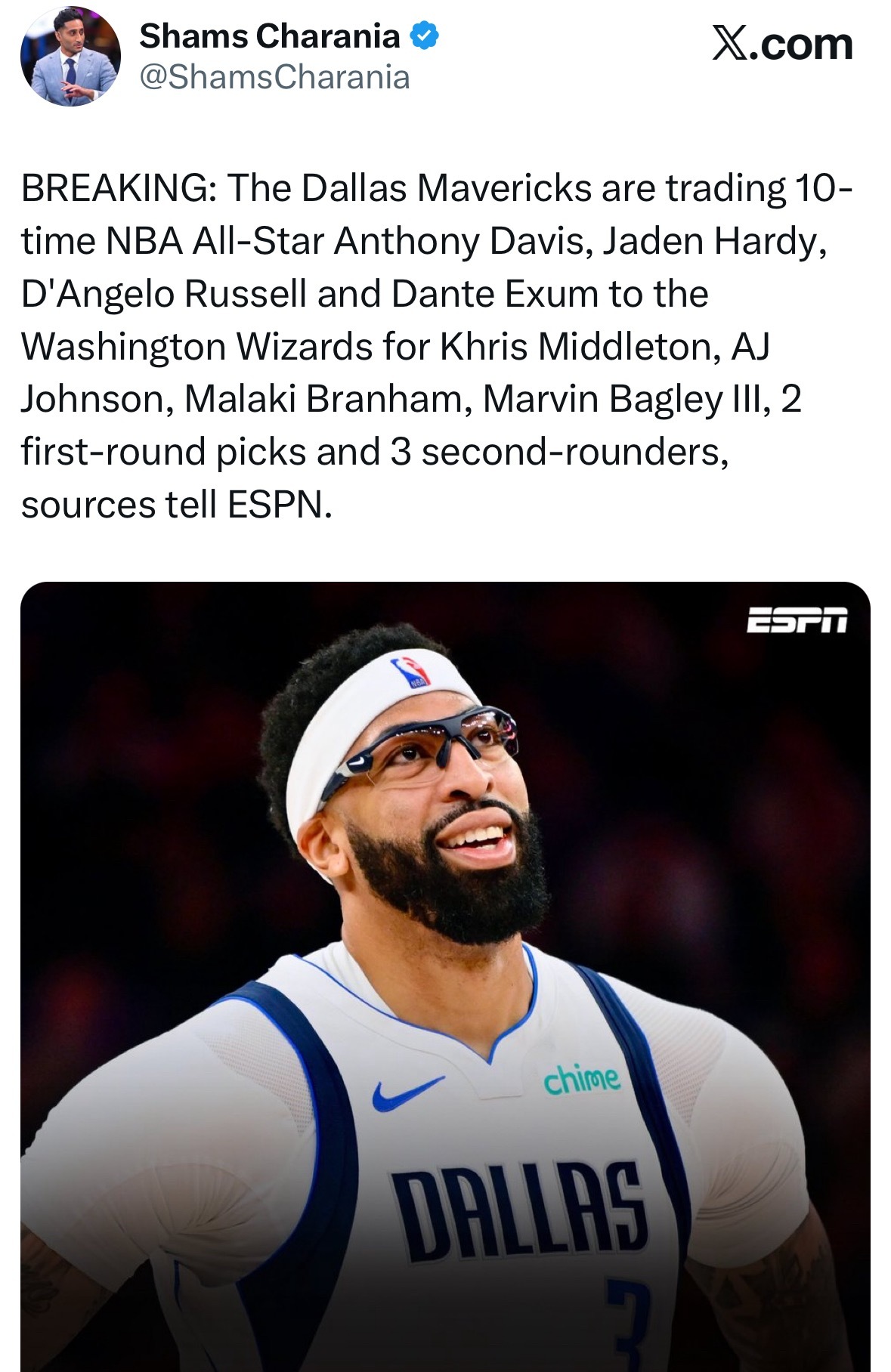 浓眉被交易奇才队！🔥Shams：戴维斯、哈迪、拉塞尔以及埃克萨姆交易至华盛顿奇