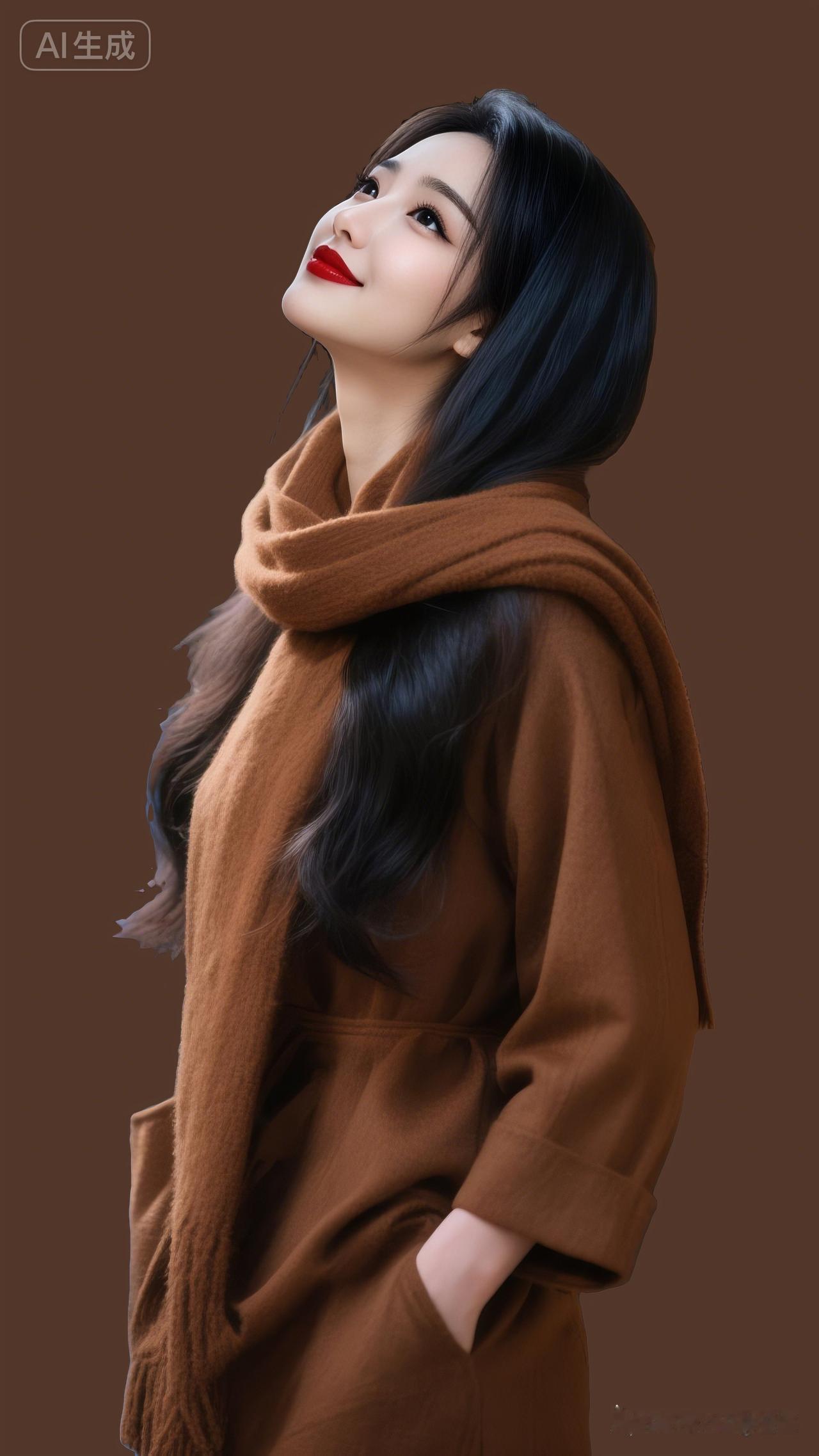 冬日暖阳下的温柔少女，棕色毛衣与围巾的完美搭配，尽显冬日温暖与时尚。