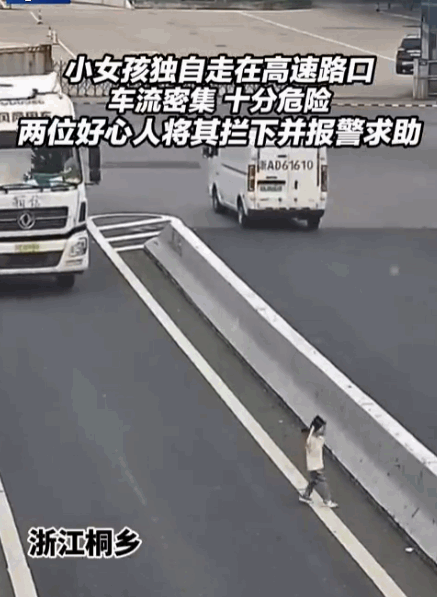 家长心太大了！浙江桐乡，高速路口，一女童竟独自走在机动车道上，路过的一男子果断停