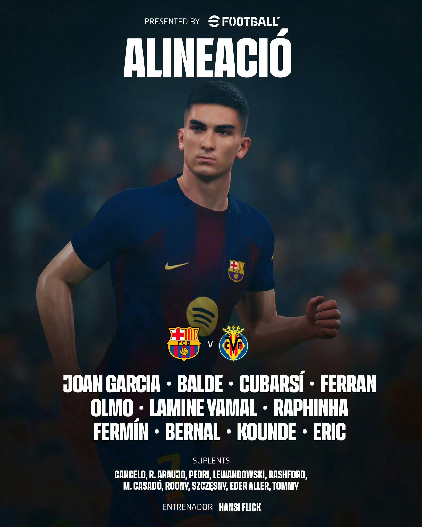 巴萨vs比利亚雷亚尔巴萨首发：13-乔安-加西亚、3-巴尔德、5-库巴西、7-费