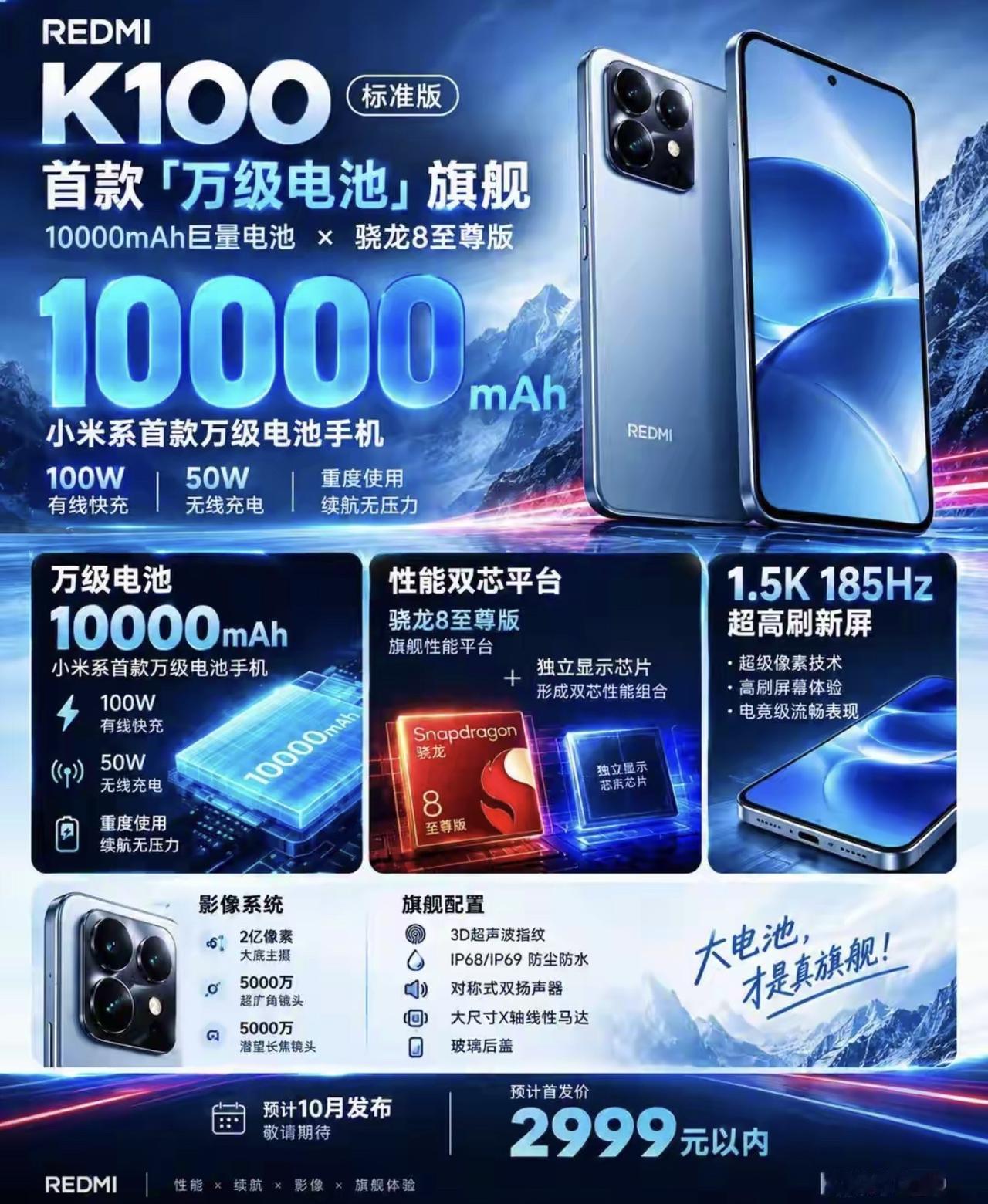 REDMI K100标准版重磅爆料！
10000mAh万级电池来了

REDMI