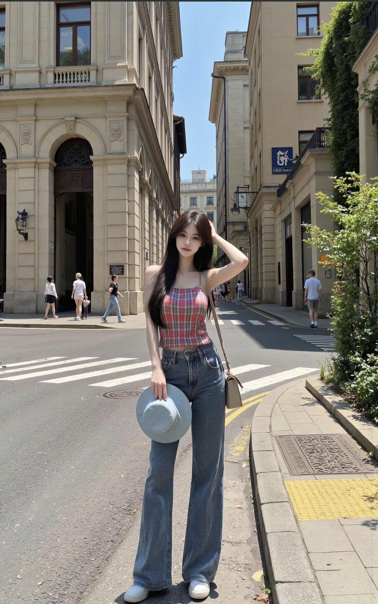 夏意裹着旧街的风漫过来，格纹吊带揉碎日光，牛仔阔腿裤晃出松弛的弧度。把帽檐轻抵掌