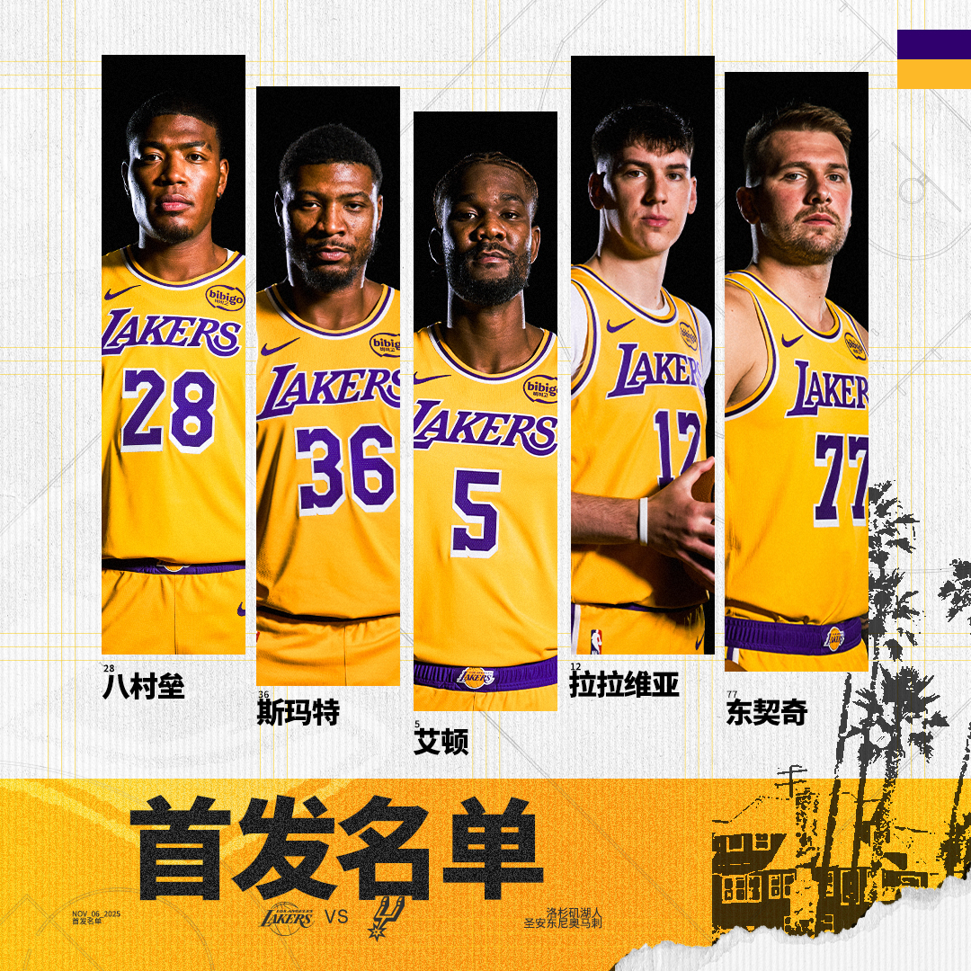 「湖人vs马刺  | 首发名单」八村垒 马库斯·斯马特 拉拉维亚  湖人国度 ​