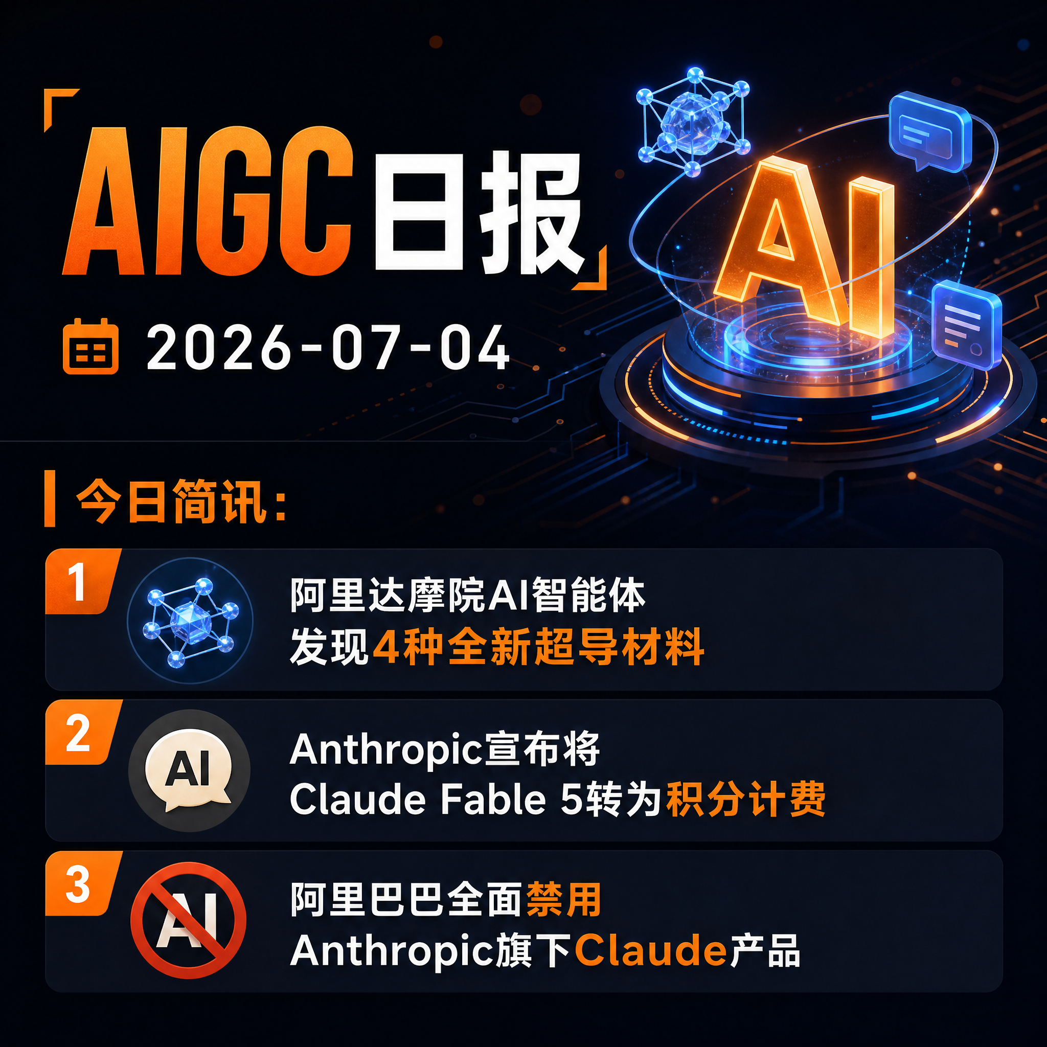 【AIGC日报 · 2026-07-04】今日简讯：1、阿里达摩院AI智能体发现