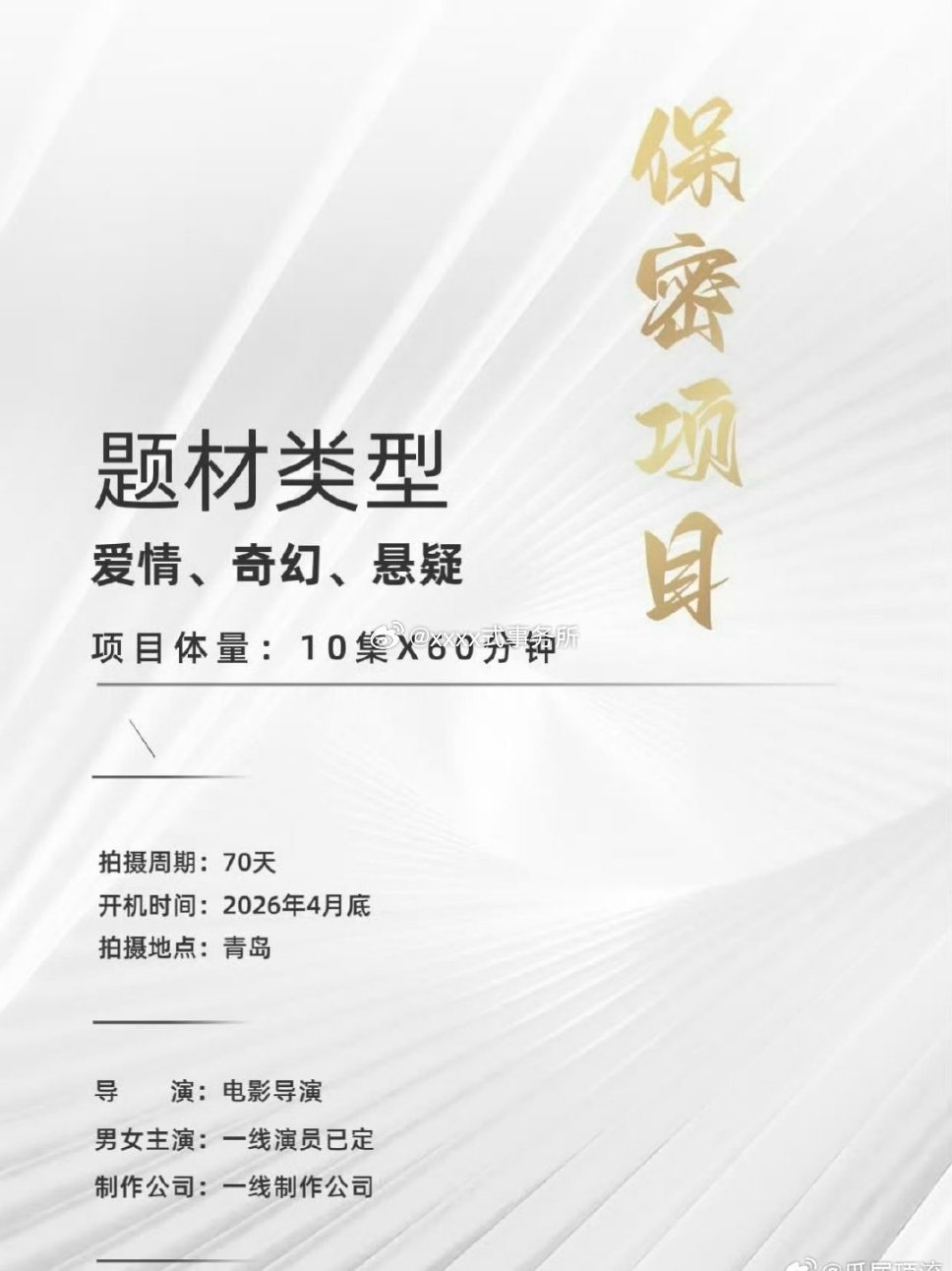 爱奇艺&万达保密爱情悬疑剧主演：林一 关晓彤 